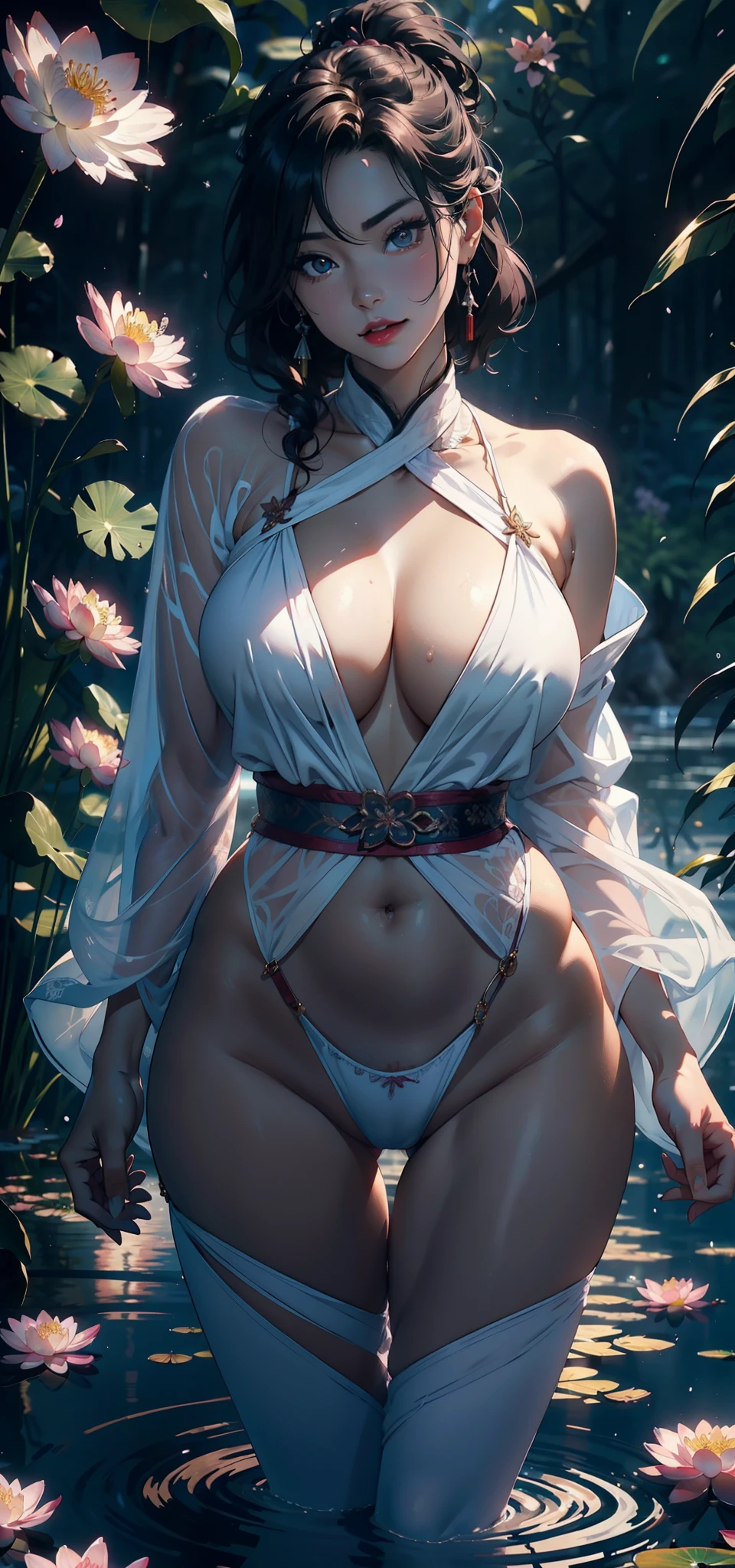1female，45 yers old，Married Woman，熟妇，plumw，extremely large bosom， 独奏，（Background with：ponds，Cherry blossom forest，rainforests，lotus flower）standing underwater， She has short pink hair，seen from the front，， mostly cloudy sky，（（（tmasterpiece），（Very detailed CG unity 8K wallpaper），best qualtiy，cinmatic lighting，detailed back ground，beatiful detailed eyes，Bright pupils，Black eyes，Snow-whiteskin，Redlip（Very fine and beautiful），（Beautiful and detailed eye description），ultra - detailed，tmasterpiece，））facing at camera，A high resolution，ultra - detailed），revealing breasts，Bare genitalia，  Bulge，legs are open，Raised sexy，Camel toes，Desire for dissatisfaction，frontage，（Wearing：，Transparent Hanfu，Bare ）
