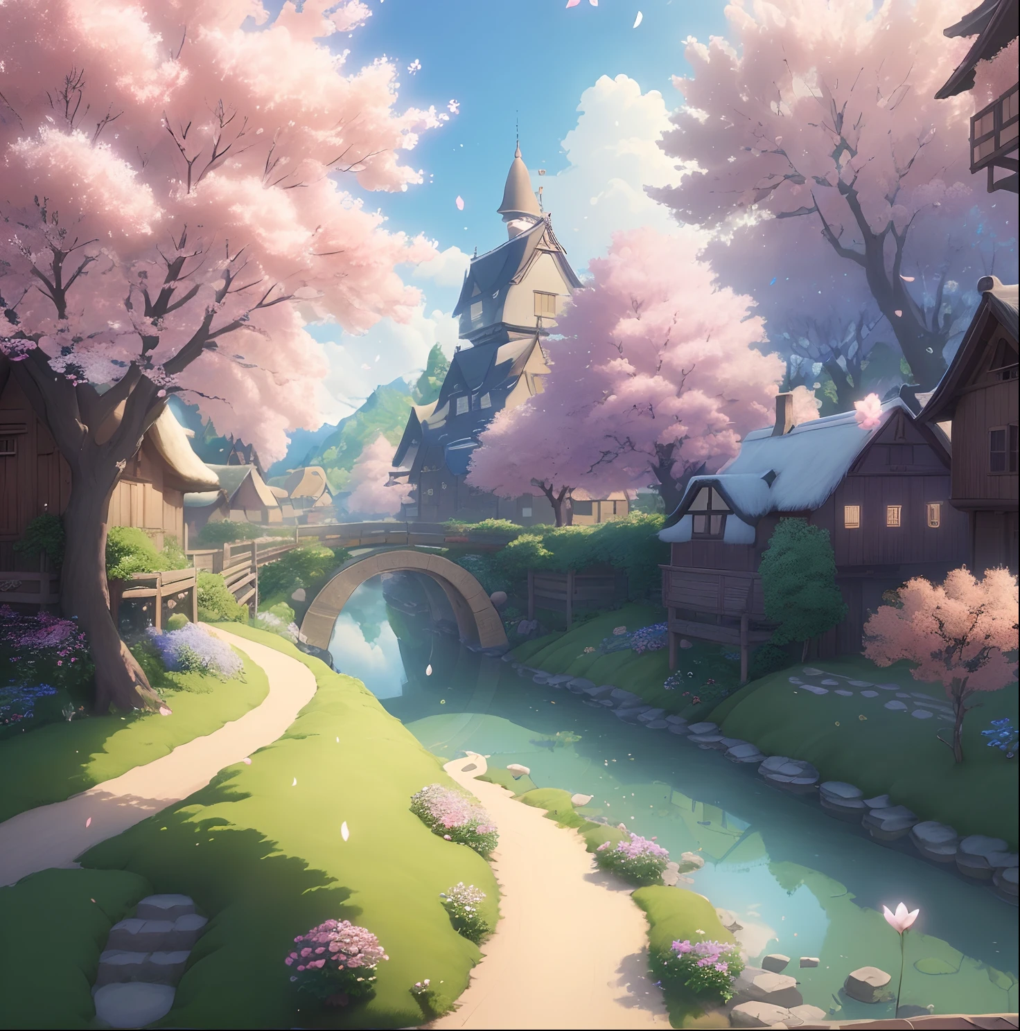 Masterpiece, best quality, (very detailed CG unity 8k wallpaper) (best quality), (best illustration), vibrant colors, Hayao Miyazaki style village vibrant colors petals floating in the air