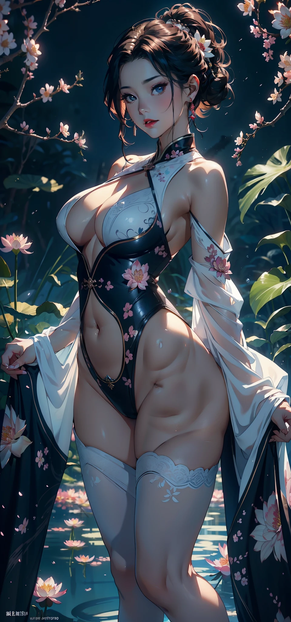 1female，45 yers old，Married Woman，熟妇，plumw，extremely large bosom， 独奏，（Background with：ponds，Cherry blossom forest，rainforests，lotus flower）standing underwater， She has short pink hair，seen from the front，， mostly cloudy sky，（（（tmasterpiece），（Very detailed CG unity 8K wallpaper），best qualtiy，cinmatic lighting，detailed back ground，beatiful detailed eyes，Bright pupils，Black eyes，Snow-whiteskin，Redlip（Very fine and beautiful），（Beautiful and detailed eye description），ultra - detailed，tmasterpiece，））facing at camera，A high resolution，ultra - detailed），revealing breasts，Bare genitalia，  Bulge，legs are open，Raised sexy，Camel toes，Desire for dissatisfaction，frontage，（Wearing：，Transparent Hanfu，Bare ）