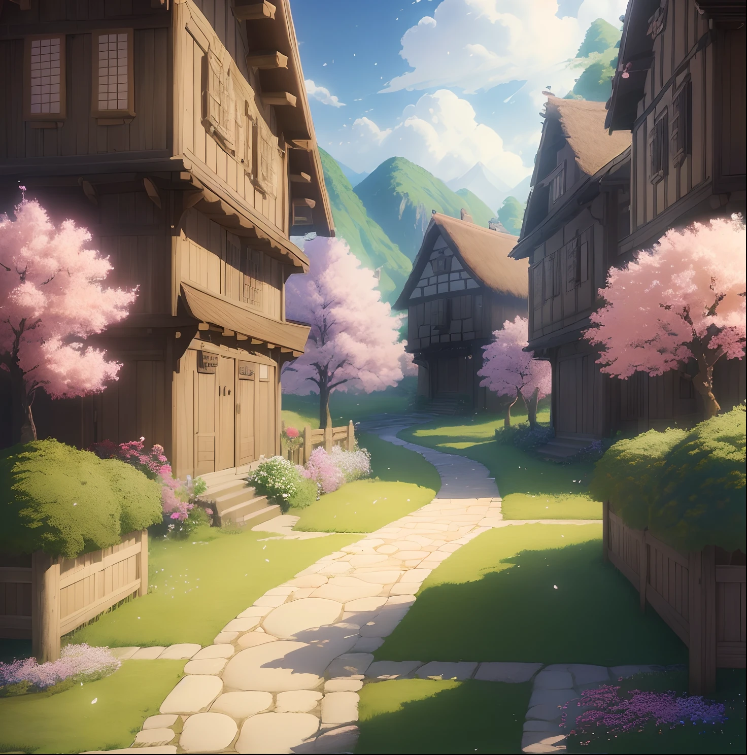 Masterpiece, best quality, (very detailed CG unity 8k wallpaper) (best quality), (best illustration), vibrant colors, Hayao Miyazaki style village vibrant colors petals floating in the air