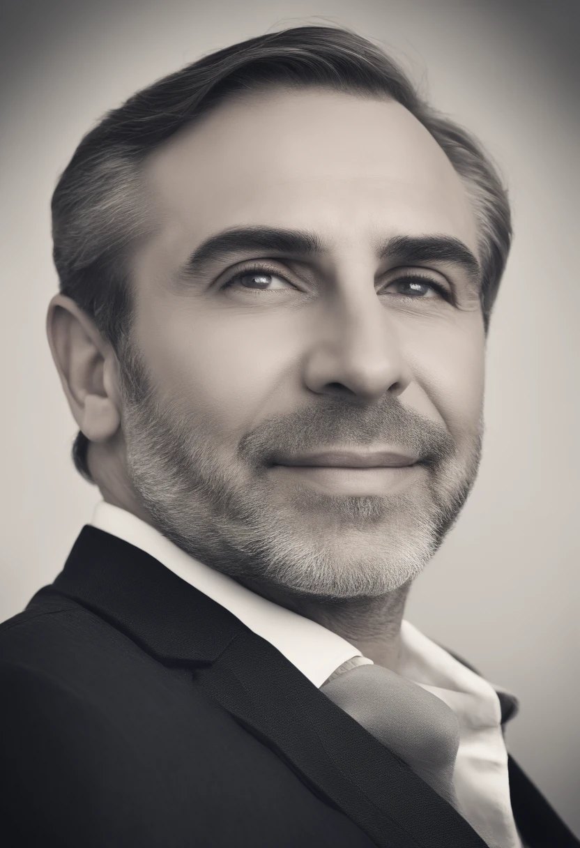 Realistic image of middle-aged business professional, 100 lagoas de peso, profissionalmente vestido com terno e gravata, alta qualidade, highest resolution, Standing position, hands straight down, profissional, belos olhos detalhados ligeiramente acastanhados , beautiful detailed lips, barba curta, cabelos curtos grisalhos;, kind expression, sorriso quente, olhar diferenciado, Adequate lighting, fundo liso, imagem limpa sem efeito desfocado, textura ultra-detalhada,master part:1.2