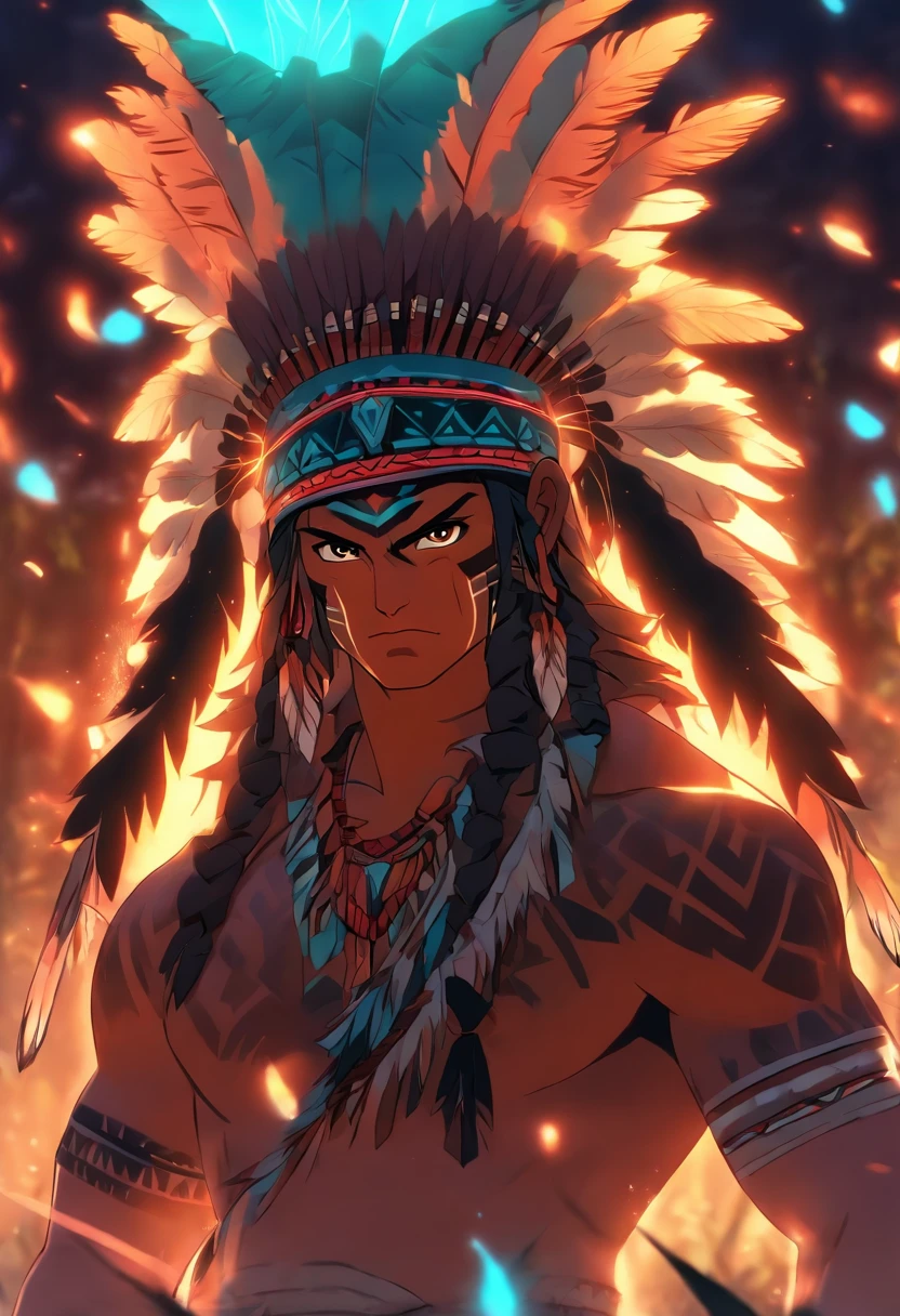 (((Indigenous man))) best quality, very high resolution, 4K detailed CG, master piece, Tupã, Indigenous God, Indigenous headdress, lightning in the background, standing pose, helmet, indigenous clothes, Guarani mythology, Tupi-Guarani, Amazon , Brazil, aesthetics, beautiful image, centered on the screen, full body