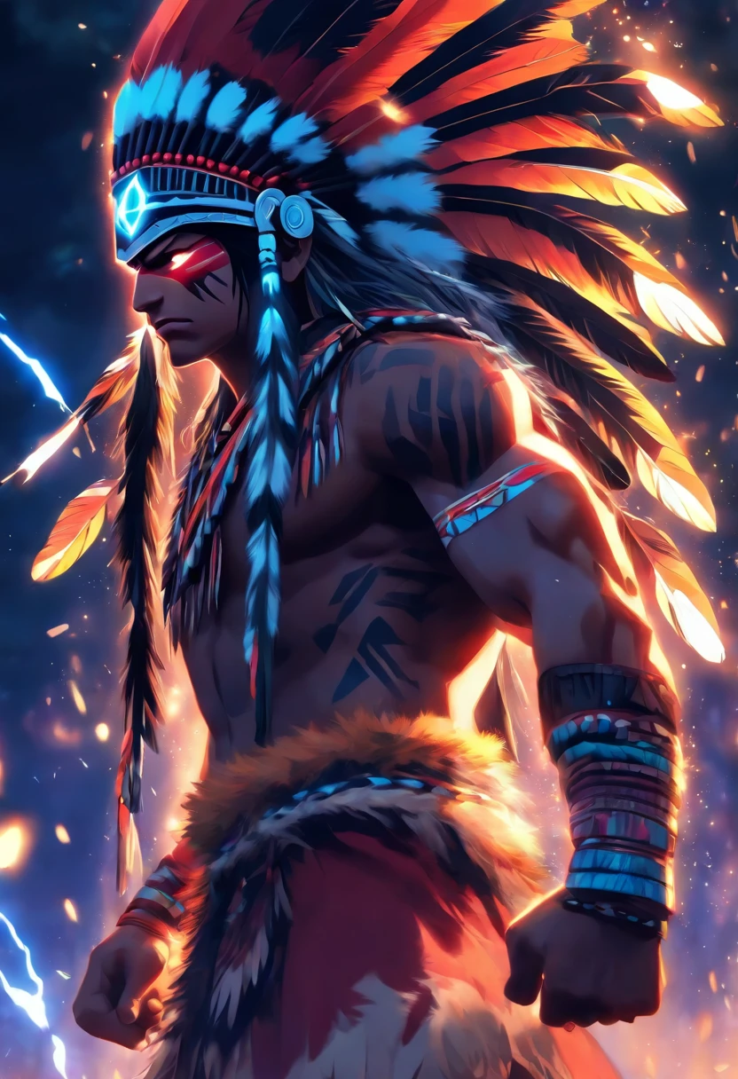 (((Indigenous man))) best quality, very high resolution, 4K detailed CG, master piece, Tupã, Indigenous God, Indigenous headdress, lightning in the background, standing pose, helmet, indigenous clothes, Guarani mythology, Tupi-Guarani, Amazon , Brazil, aesthetics, beautiful image, centered on the screen, full body