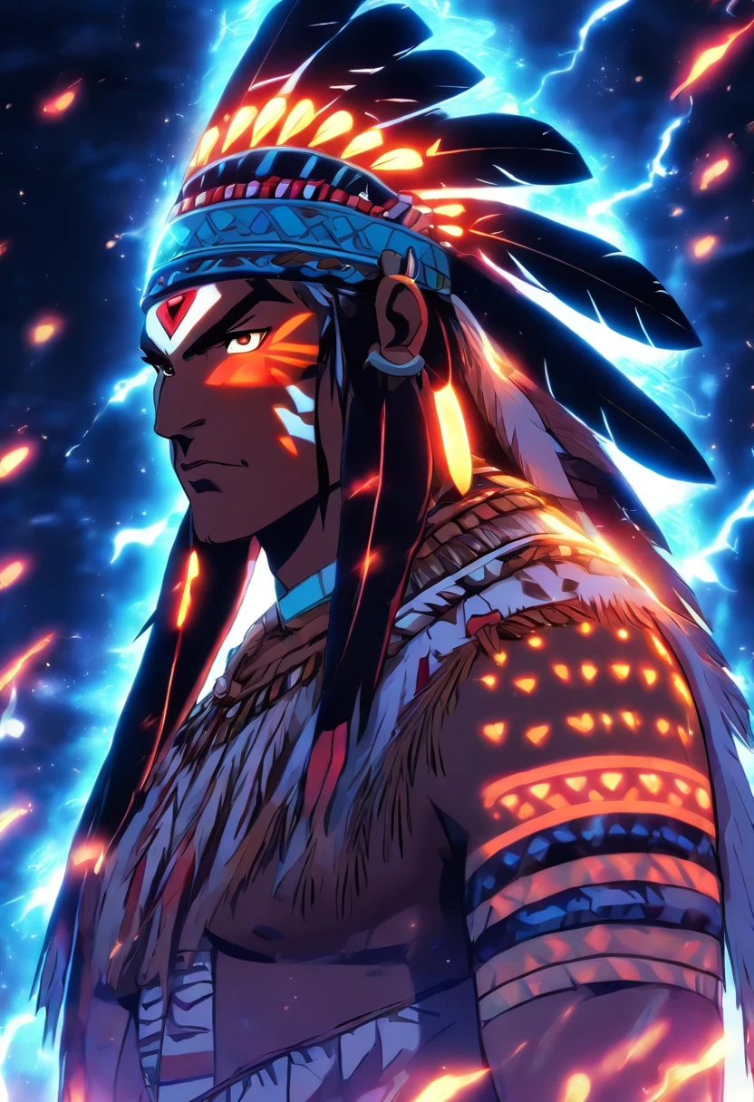 (((Indigenous man))) best quality, very high resolution, 4K detailed CG, master piece, Tupã, Indigenous God, Indigenous headdress, lightning in the background, standing pose, helmet, indigenous clothes, Guarani mythology, Tupi-Guarani, Amazon , Brazil, aesthetics, beautiful image, centered on the screen, full body