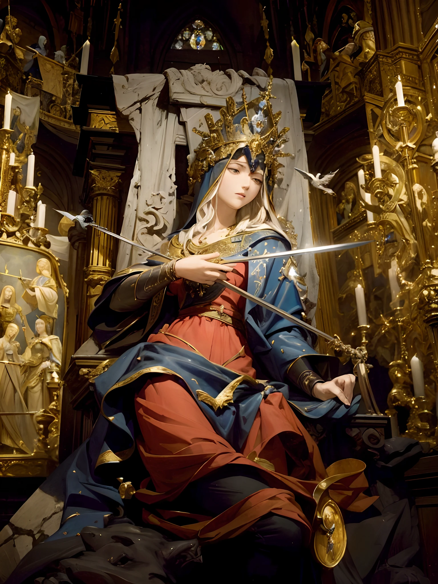 arafed statue of a woman with a sword in a church, queen of heaven, alter, religious sculpture, majestic saint woman, saint, immaculately detailed, by Serafino De Tivoli, mary in a sanctuary, triumphant, virgin mary, monserrat gudiol, by Bartolomeo Vivarini, christian saint