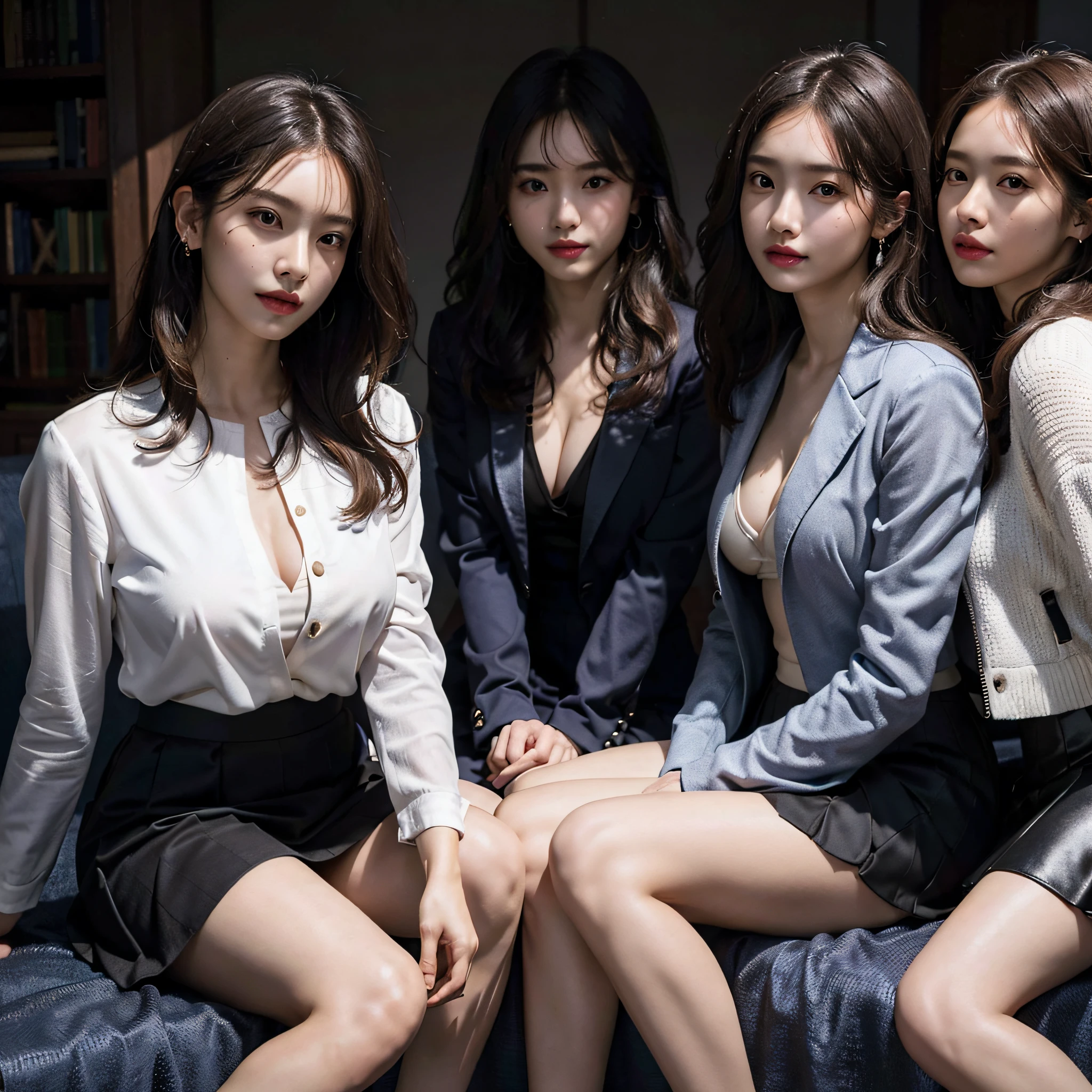 absurdres, RAW photo, extremely delicate and beautiful, masterpiece, Best Quality, ultra high resolution, 16k, hyperrealistic, ultra-detailed, Very detailed CG 8k wallpaper, Beautiful Lighting, Perfect Lightning, Realistic Shadows, perfect anatomy, super Detailed skin, perfect figure, Japanese woman, in her 20s, very Slim body, narrow waist, very small head, handsome detailed woman, very detailed eyes and face, realistic face proportions, Stunning detailed eyes, Realistic beautiful face, very small face, Realistic small beautiful eyes, double eyelids, makeup, tearful mole, mole on chest, earring, bare legs, beautiful and very thin legs, beautiful and very thin thighs, (((very huge round breasts))), short hair, wavy hair, sweat, (full body shot), (((((3 girls))))), tight-fitting, (skirt suit), (suit jacket), (blouse),