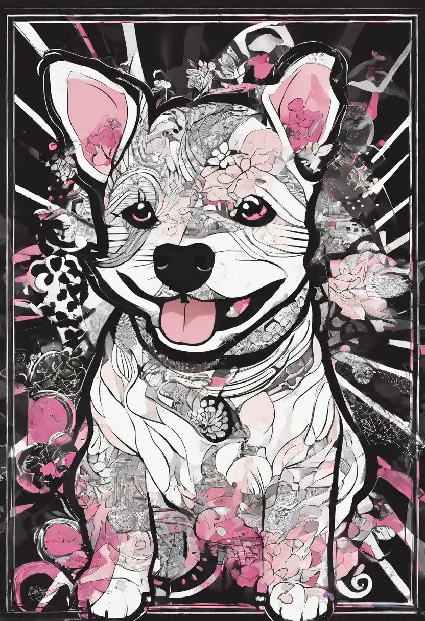 Cachorro listrado de cores preto e branco, terrier, cantando rock na cozinha