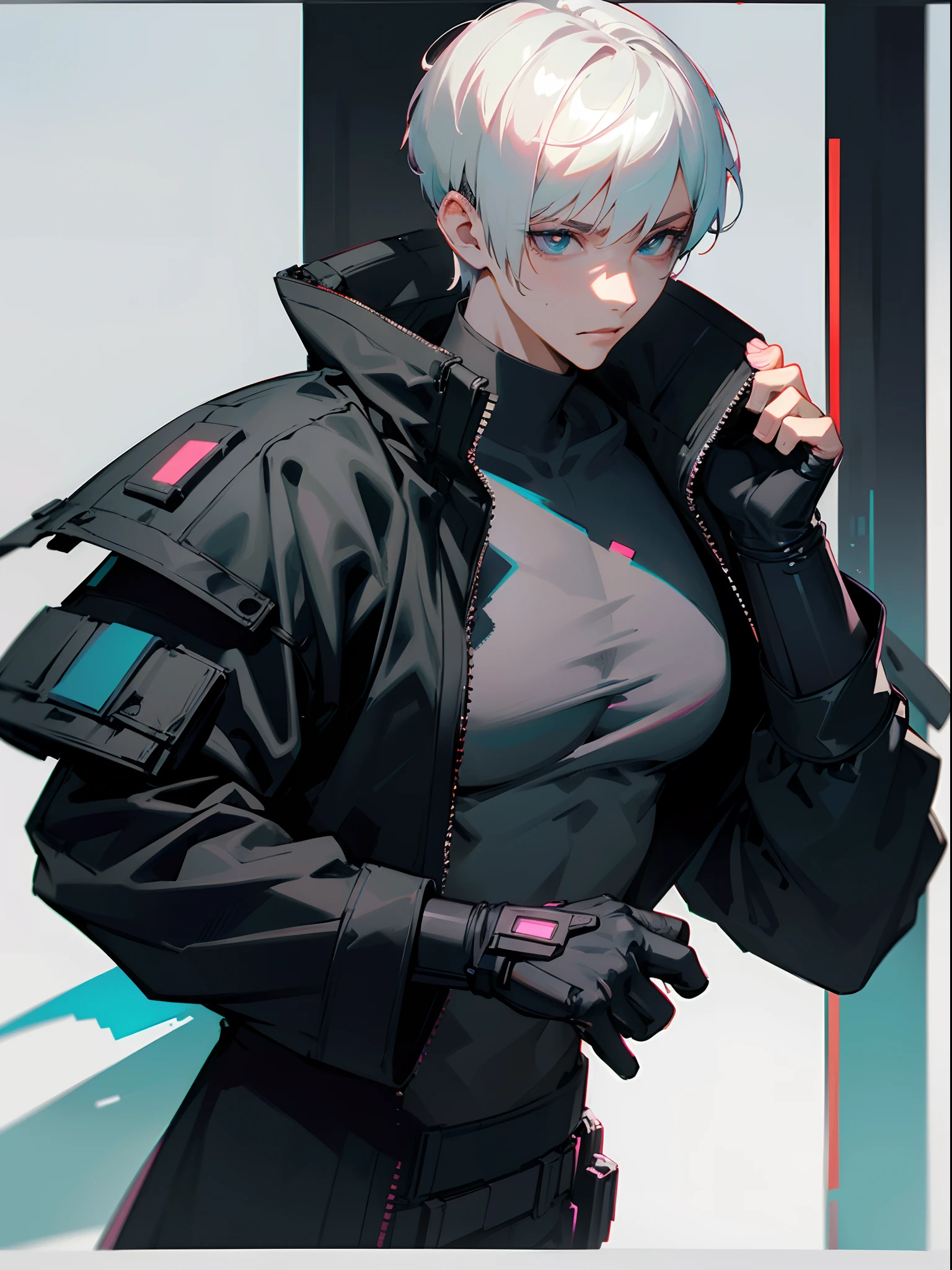 a Character in a black outfit , cyberpunk streetwear, wearing cyberpunk streetwear, cyberpunk outfit, wearing techwear and armor, all black cyberpunk clothes, cyberpunk style outfit, cyberpunk clothes, cyberpunk fashion, style of cyberpunk, cyberpunk outfits, futuristic techwear, photograph of a techwear, cyberpunk fashion clothing, cyberpunk high fashion, has cyberpunk style, muted cyberpunk style
(masterpiece, best quality )detailed, 1Character , pastel washed out colors , cell shade , soft, muted shades ,gentle colors , blue archive art style, Handsome man , White hair , very Short hair, ((crew cut hair style:1 )) , Blue eyes , light skin , ((muscular:1)),masculine ,age 28, solo character,
Sleeveless