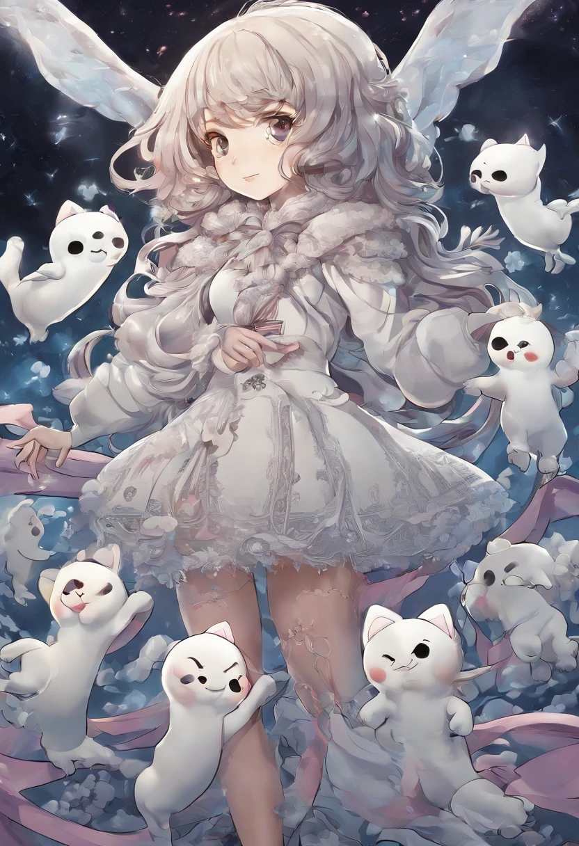 There is a cartoon character holding a group of ghosts, concept art by Kanbun Master, pixiv contest winner, Furry art, Detailed fanart, official fanart, [ Character design ], lovely art style, danbooru and artstation, Cute detailed digital art, 🍁 Cute, wisps, [ conceptual art ]!!, Great character design, cute character, cute artwork