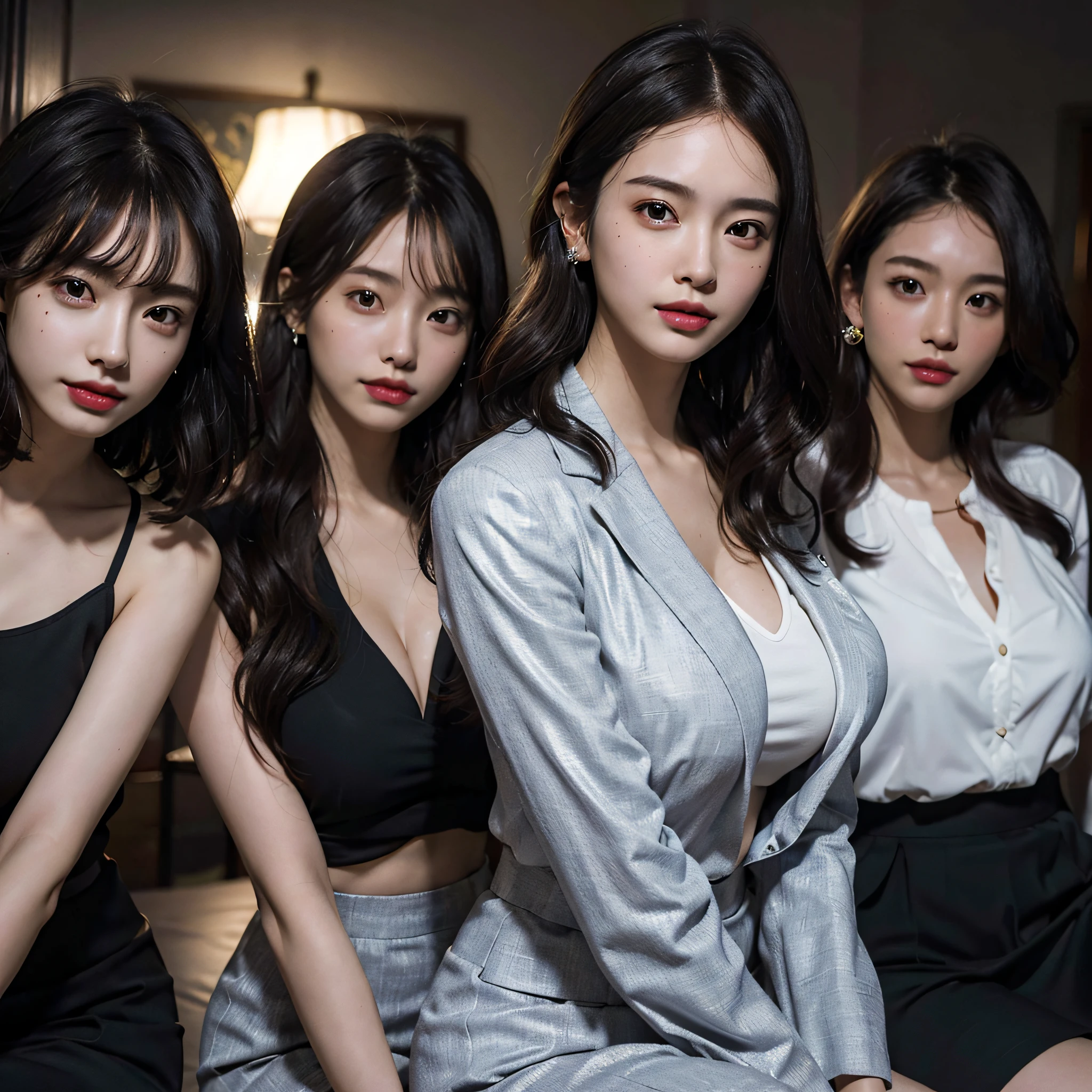 absurdres, RAW photo, extremely delicate and beautiful, masterpiece, Best Quality, ultra high resolution, 16k, hyperrealistic, ultra-detailed, Very detailed CG 8k wallpaper, Beautiful Lighting, Perfect Lightning, Realistic Shadows, perfect anatomy, super Detailed skin, perfect figure, Japanese woman, late 20s, very Slim body, narrow waist, very small head, handsome detailed woman, very detailed eyes and face, realistic face proportions, Stunning detailed eyes, Realistic beautiful face, very small face, Realistic small beautiful eyes, double eyelids, makeup, tearful mole, mole on chest, earring, bare legs, beautiful and very thin legs, beautiful and very thin thighs, (very huge round breasts:1.3), short hair, wavy hair, sweat, (3 girls:1.5), (office lady suit:1.3), (skirt suit), (suit jacket),