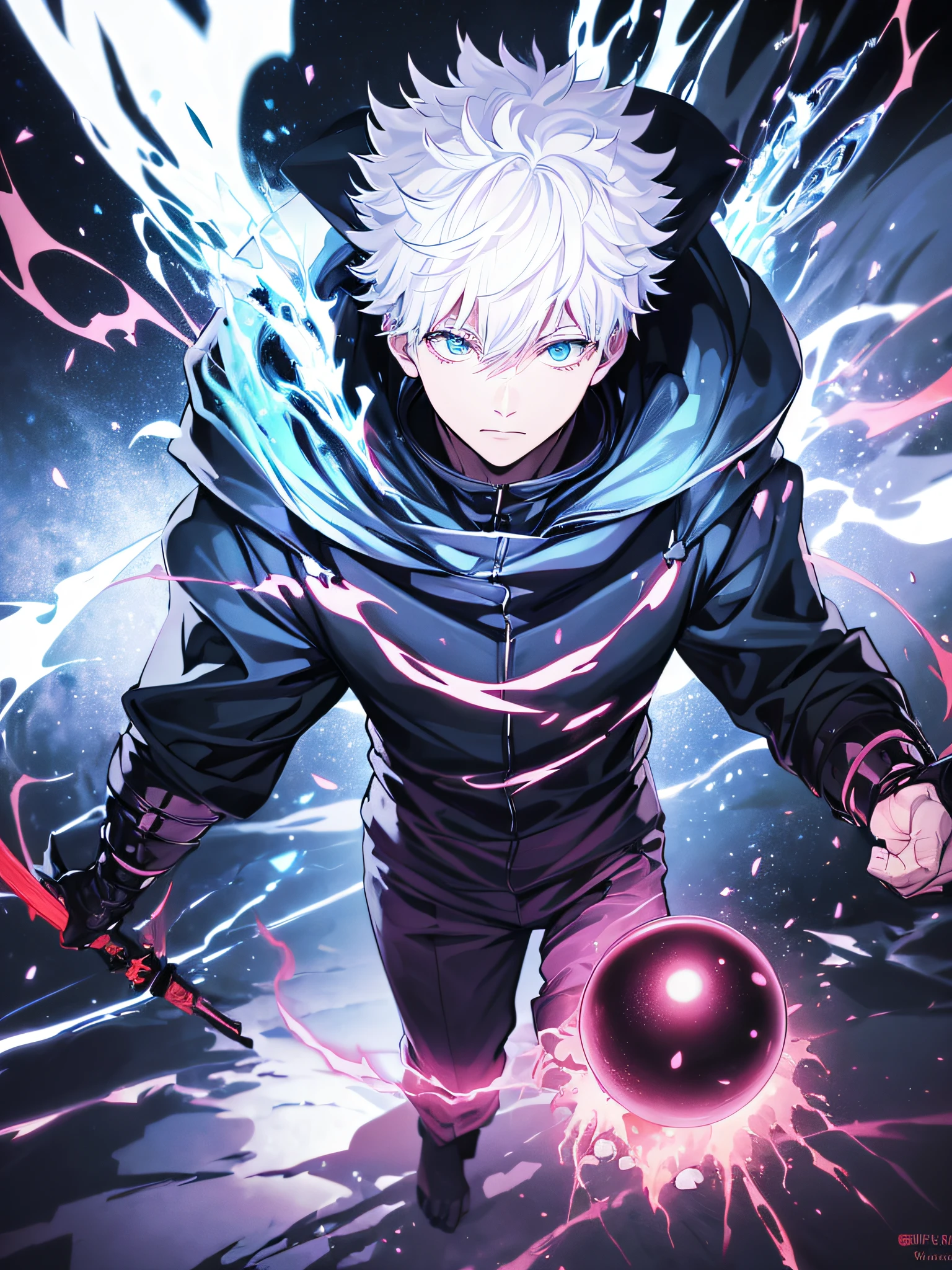 Satoru Gojo (Jujutsu Kaisen), Satoru Gojo using small red sphere power, 6 path eyes, glowing light blue eyes, full body, grandeur, Shibuya, (ultra-realistic), {extremely detailed 8k CG unit wallpaper}, expansive landscape photography, (a far angle view with focus on the character and setting), (wide open field view), (low angle shot), (high light: 1.3), (low light: 1.0), ( warm light source: 1.4), complex details, (iridescent colors: 1.6), (bright lighting), (atmospheric lighting), Dreamy, magical, badass, Jujutsu Kaisen