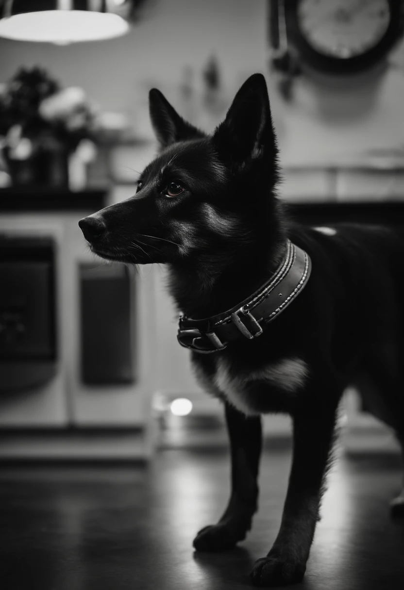 Cachorro listrado de cores preto e branco, fox paulistinha, medium stature, tocando bateria na cozinha