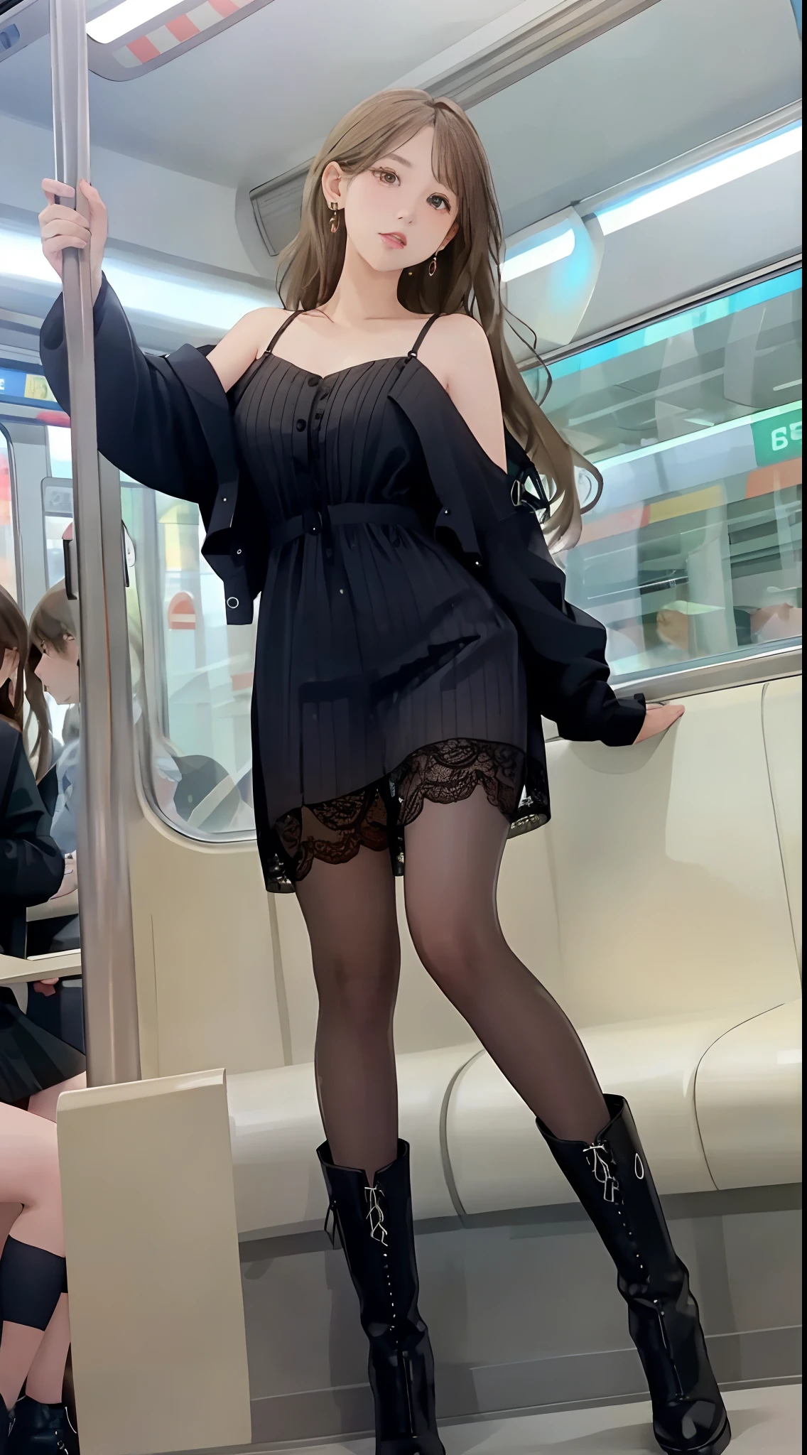 (()), beautiful girl, model body, freckles on her face, light green eyes, small breasts, large earrings, mini dress with thin straps, black 7 thread tights, high heel boots, full body, shot from below, very white skin, very long hair, wavy hair, blonde hair, busy subway car, photorealistic, indirect lighting, volumetric light, ray tracing, hyper-detailed, best quality, ultra-high resolution, HDR, 8k