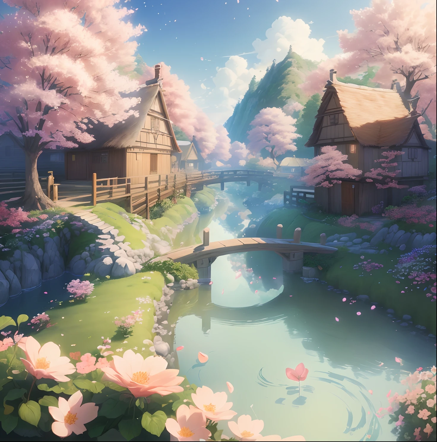 Masterpiece, best quality, (very detailed CG unity 8k wallpaper) (best quality), (best illustration), vibrant colors, Hayao Miyazaki style village vibrant colors petals floating in the air
