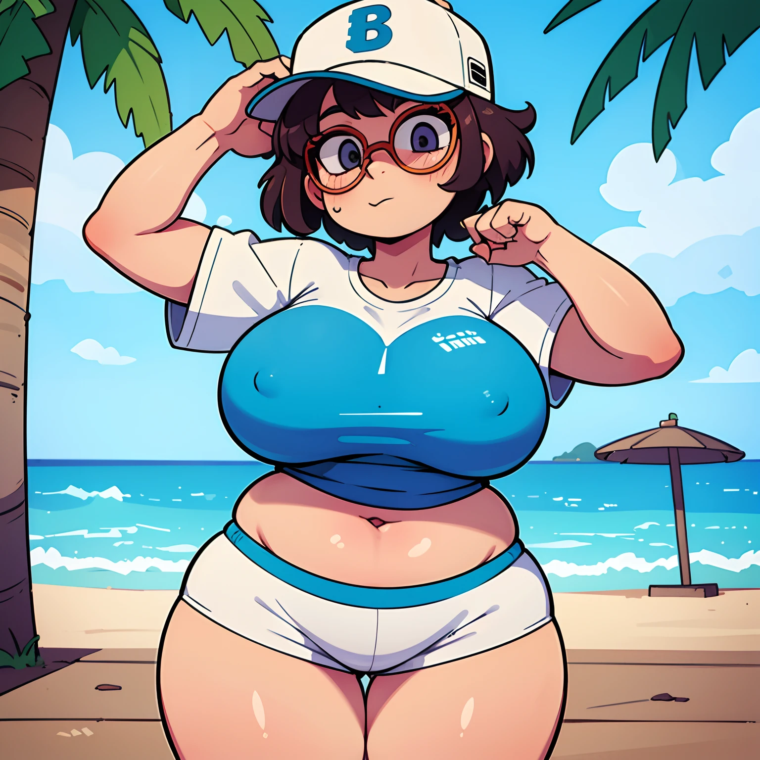 Bbw on the boardwalk, enormous belly, huge thighs, sun glasses, tee shirt, short shorts, really short hair, baseball cap, smirking, high quality