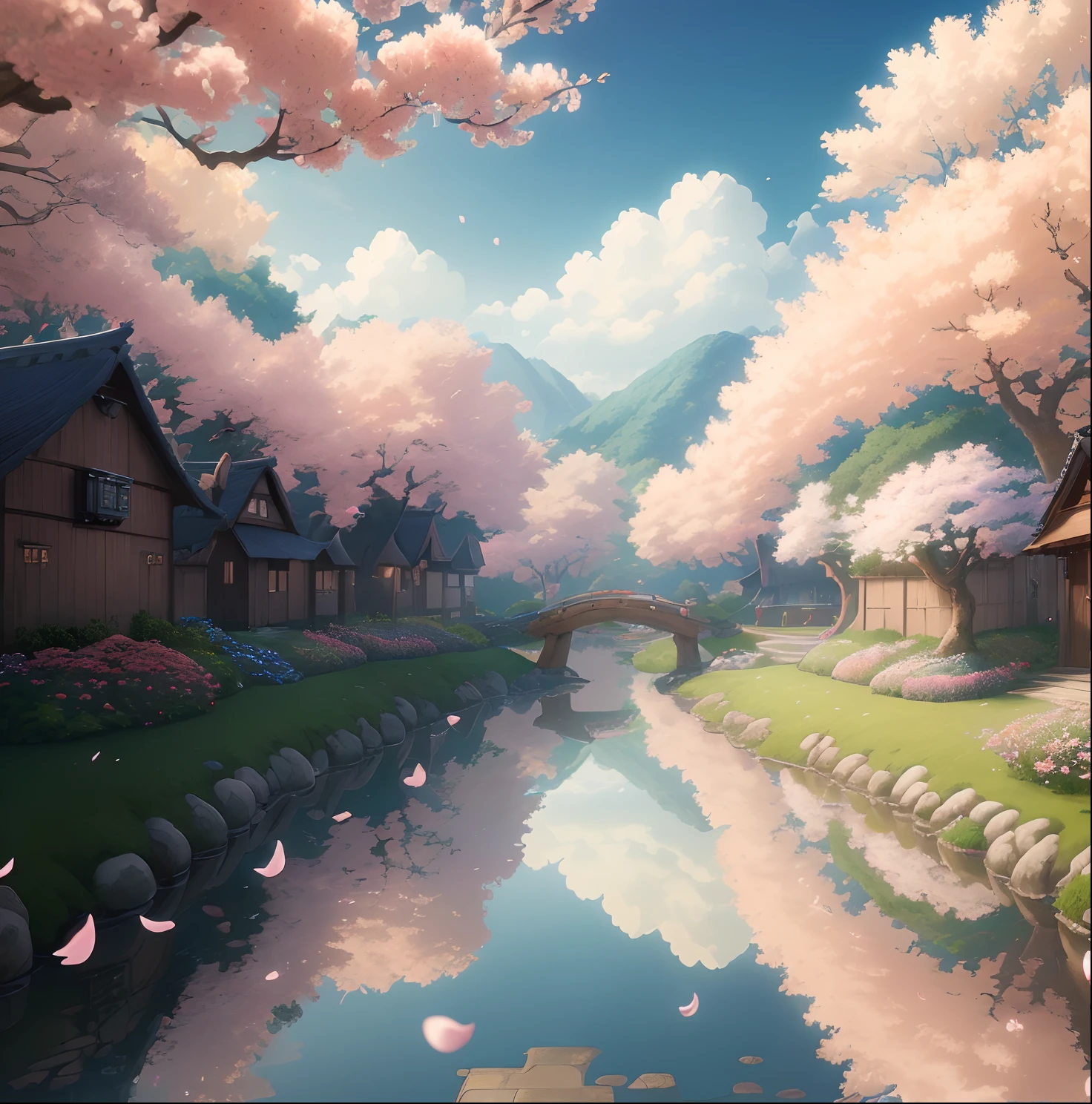 Masterpiece, best quality, (very detailed CG unity 8k wallpaper) (best quality), (best illustration), vibrant colors, Hayao Miyazaki style village vibrant colors petals floating in the air