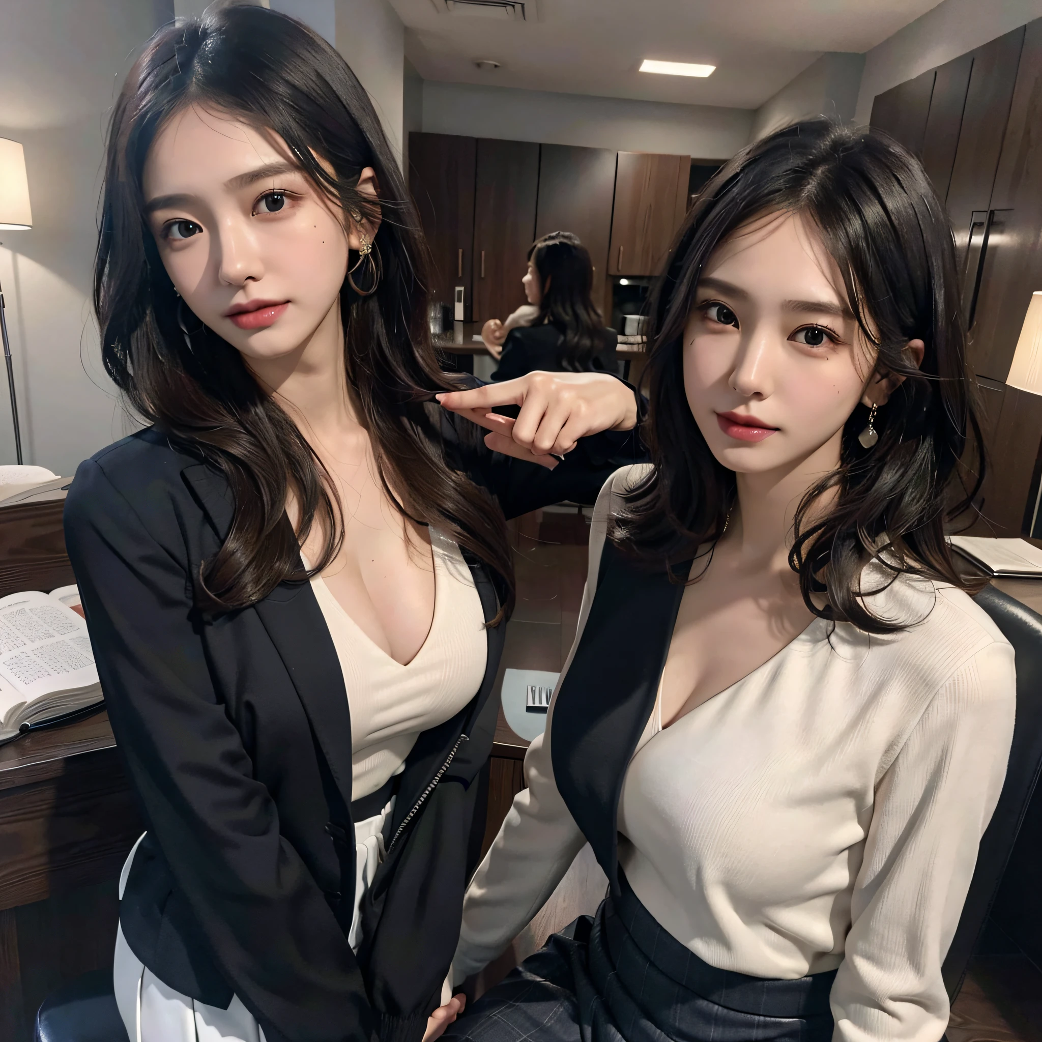 absurdres, RAW photo, extremely delicate and beautiful, masterpiece, Best Quality, ultra high resolution, 16k, hyperrealistic, ultra-detailed, Very detailed CG 8k wallpaper, Beautiful Lighting, Perfect Lightning, Realistic Shadows, perfect anatomy, super Detailed skin, perfect figure, Japanese woman, late 20s, very Slim body, narrow waist, very small head, handsome detailed woman, very detailed eyes and face, realistic face proportions, Stunning detailed eyes, Realistic beautiful face, very small face, Realistic small beautiful eyes, double eyelids, makeup, tearful mole, mole on chest, earring, bare legs, beautiful and very thin legs, beautiful and very thin thighs, (((yuri))), (((2 girls))), (((very huge round breasts))), (((full body shot))), short hair, wavy hair, (((skirt suit))), (((at office))),