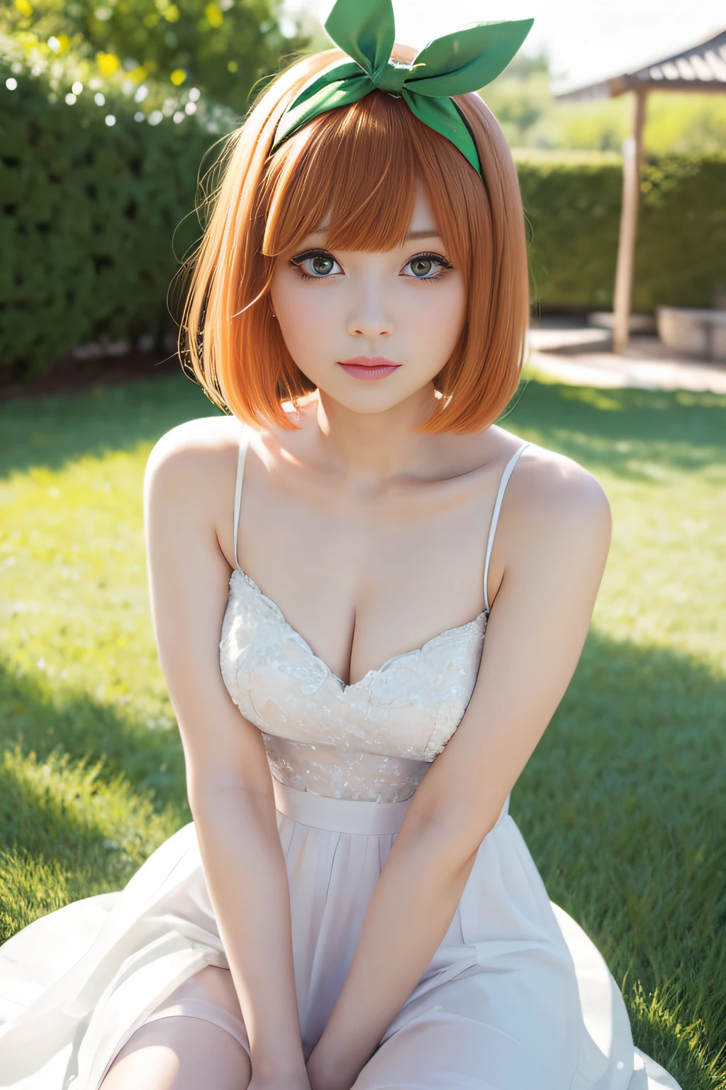 Nakano Yotsuba, Short_hair, Bangs, Blue_Eyes, orange_hair, Hair Bow, Green Ribbon, hair_Bland_Eyes,Straight face, Pure White Prom Dresses, Nasty poses,