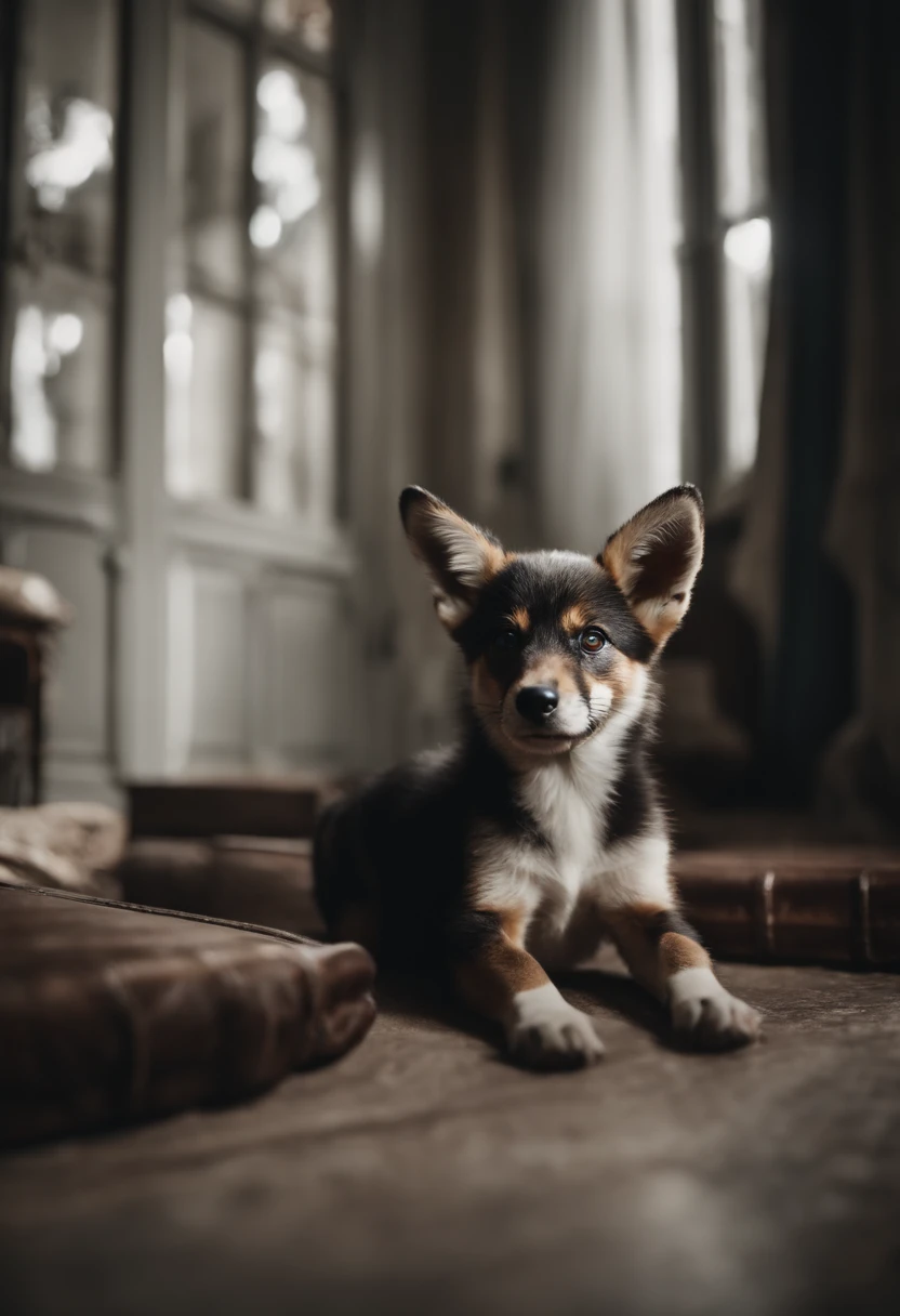 Cachorro de cores preto e branco, fox paulistinha, tocando bateria