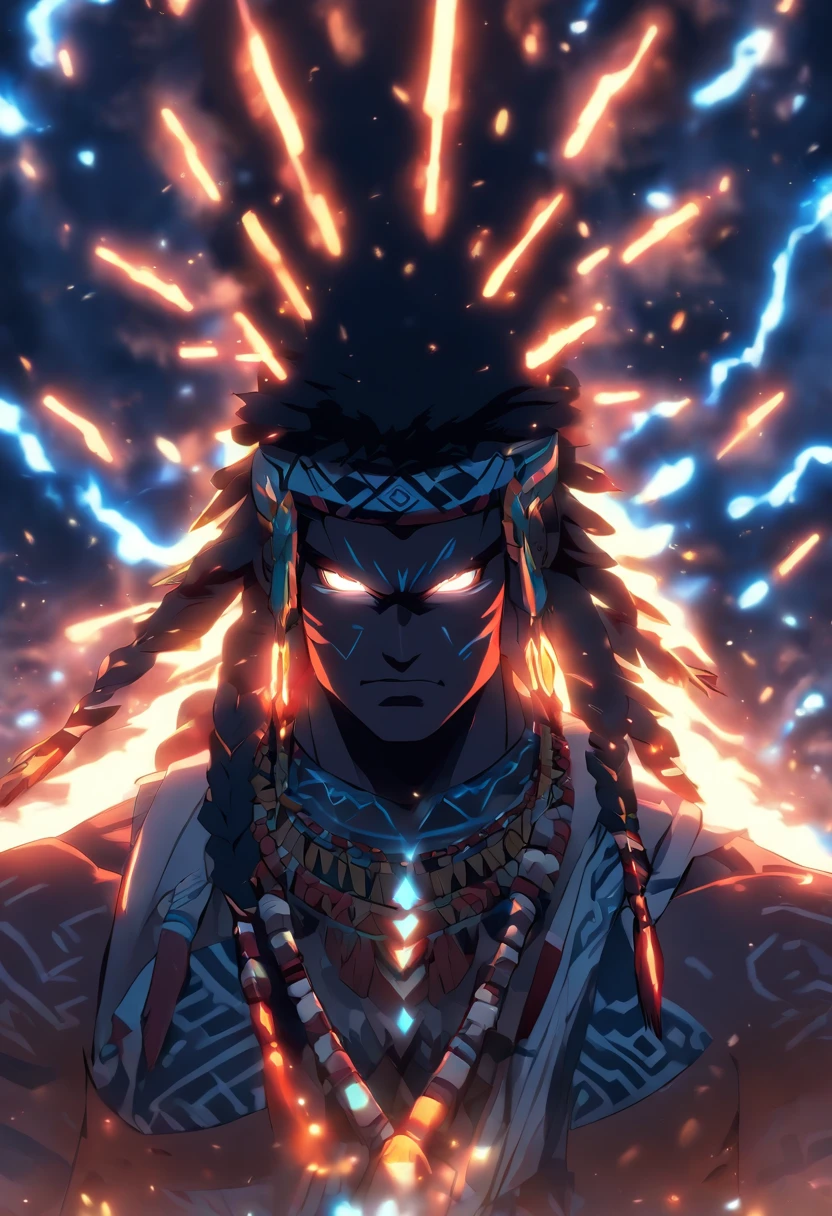 ((Indigenous God))) best quality, very high resolution, 4K detailed CG, master piece, Tupã, Indigenous God, Indigenous headdress, lightning, thunder, standing pose, indigenous clothing, Amazon, Brazil, aesthetics, beautiful image, centered on screen,full body