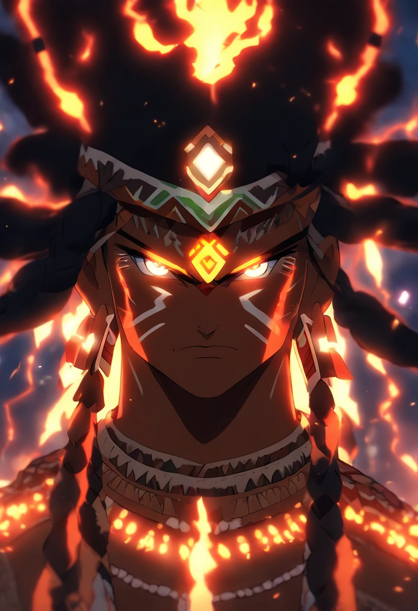 ((Indigenous God))) best quality, very high resolution, 4K detailed CG, master piece, Tupã, Indigenous God, Indigenous headdress, lightning, thunder, standing pose, indigenous clothing, Amazon, Brazil, aesthetics, beautiful image, centered on screen,full body