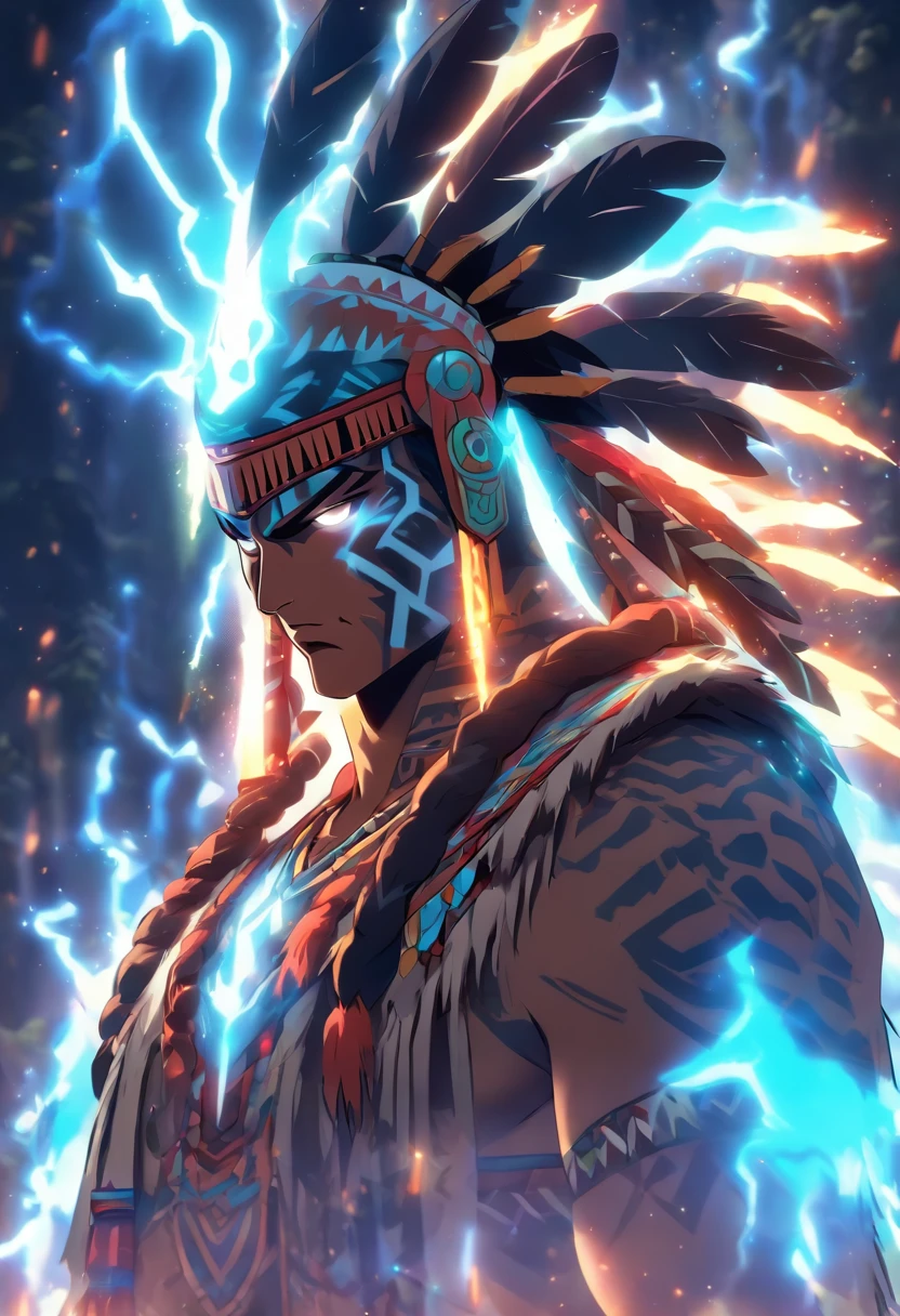 ((Indigenous God))) best quality, very high resolution, 4K detailed CG, master piece, Tupã, Indigenous God, Indigenous headdress, lightning, thunder, standing pose, indigenous clothing, Amazon, Brazil, aesthetics, beautiful image, centered on screen,full body