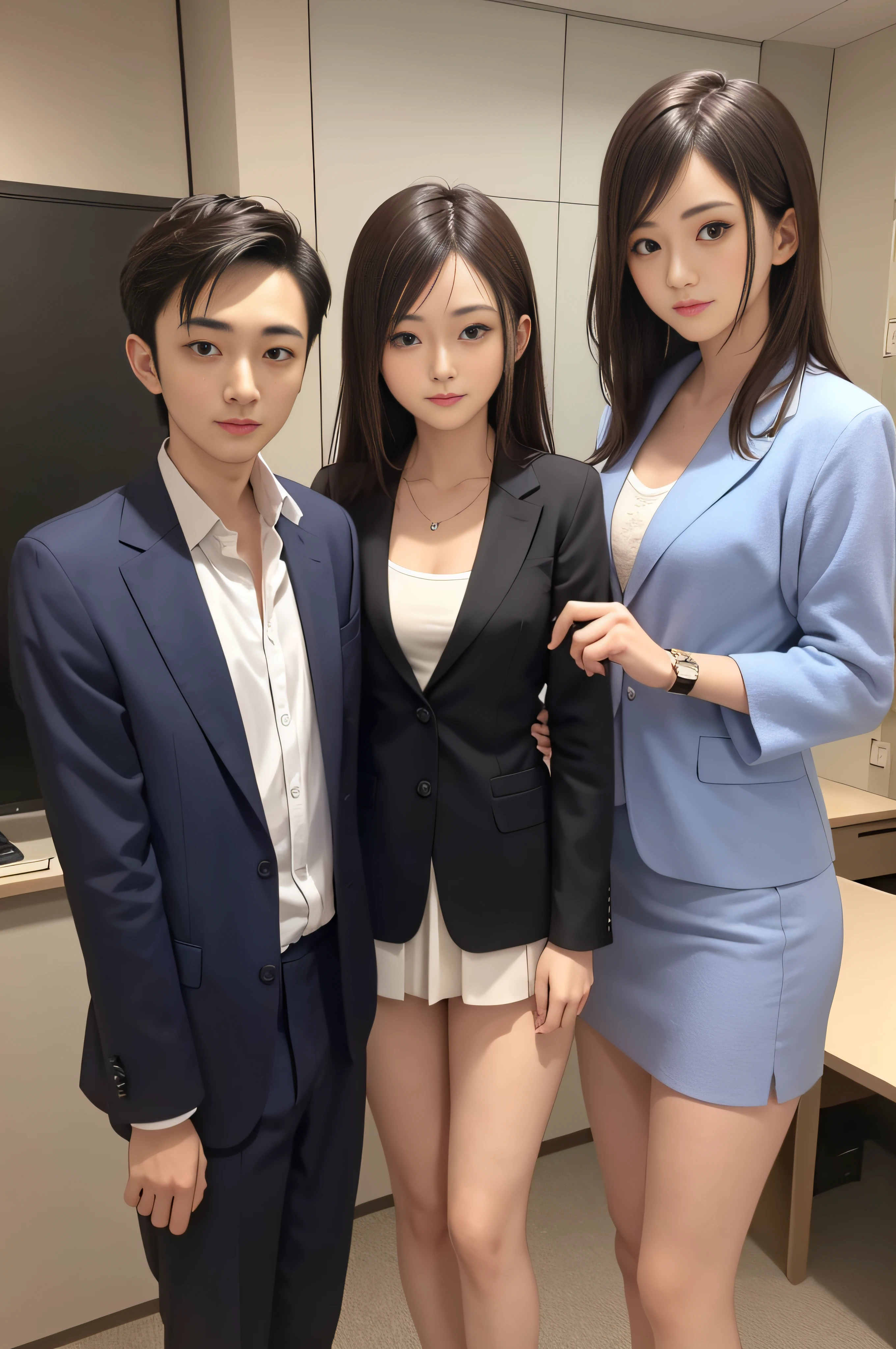 Father is standing, sister and sister are squatting side by side, panties are visible from between the legs of sister and sister, sister is wearing only underwear, Father is wearing only underwear, Father is wearing a suit coolly, Greeting with a smile at the entrance ceremony, slim figure, detailed skin, brown eyes,
(Photorealistic:1.4), (Best Definition:1.0), (Ultra High Definition:1.0), 8K, RAW Photo, (Masterpiece:0.2), (pureerosface_v1:0.5),