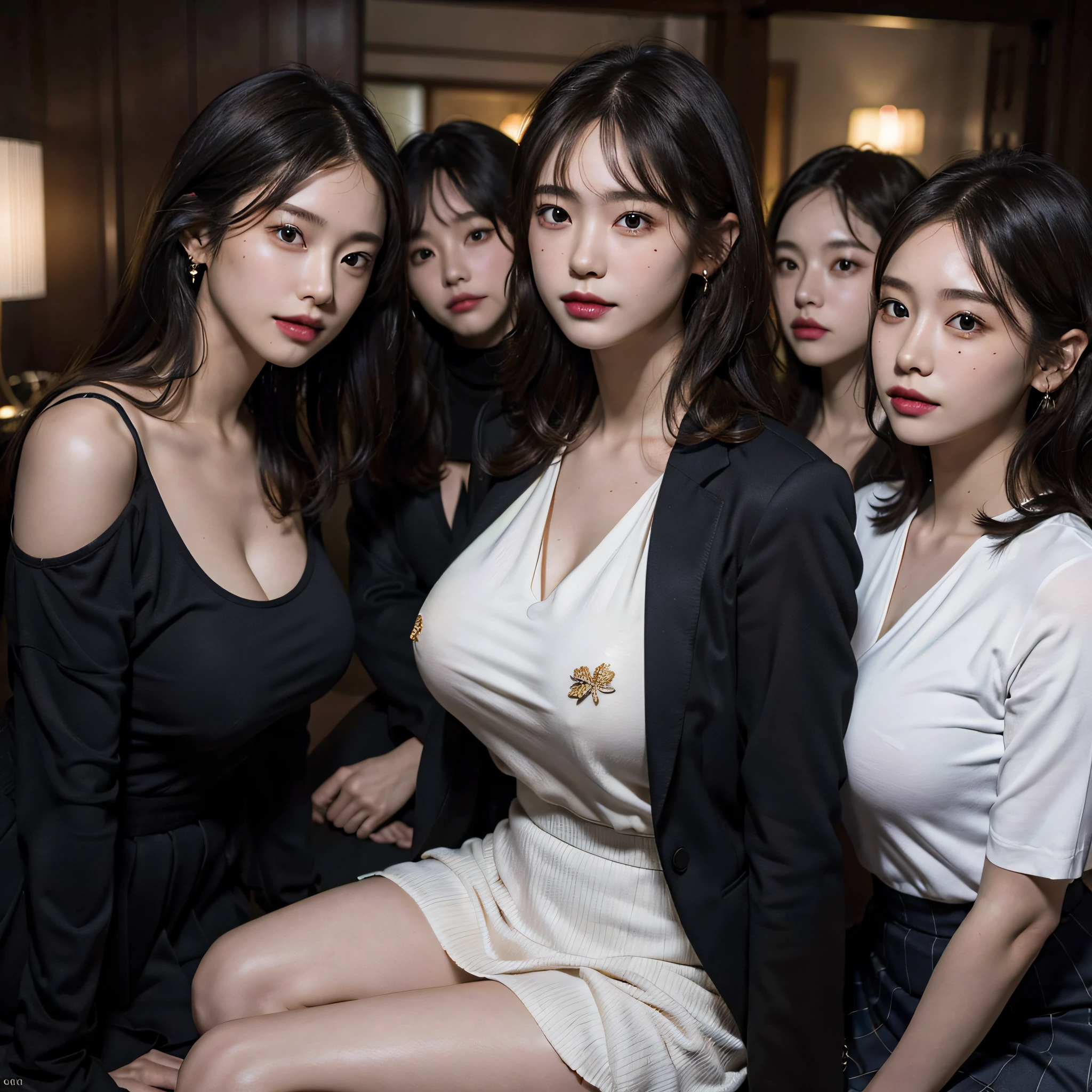 absurdres, RAW photo, extremely delicate and beautiful, masterpiece, Best Quality, ultra high resolution, 16k, hyperrealistic, ultra-detailed, Very detailed CG 8k wallpaper, Beautiful Lighting, Perfect Lightning, Realistic Shadows, perfect anatomy, super Detailed skin, perfect figure, Japanese woman, in her 20s, very Slim body, narrow waist, very small head, handsome detailed woman, very detailed eyes and face, realistic face proportions, Stunning detailed eyes, Realistic beautiful face, very small face, Realistic small beautiful eyes, double eyelids, makeup, tearful mole, mole on chest, earring, bare legs, beautiful and very thin legs, beautiful and very thin thighs, (((very huge round breasts))), short hair, wavy hair, sweat, (full body shot), (((((3 girls))))), tight-fitting, (skirt suit), (suit jacket), (blouse),