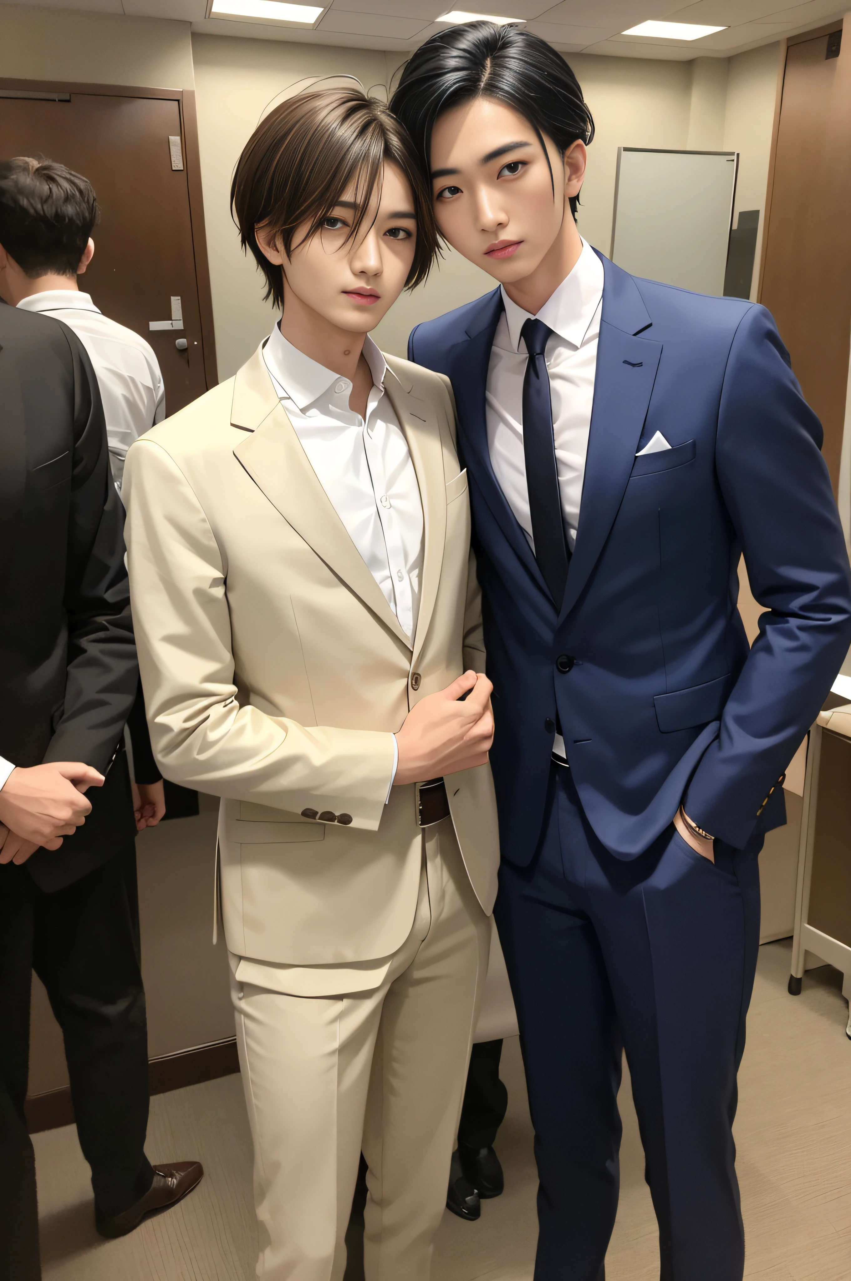 20-year-old refreshingly handsome new employee、(Super cool guy in a suit)、20 years old Japan man、1人、businessman、Ultra-luxury suits、Striped suit、 s Office、Young handsome man standing in suit、(Highly detailed photos in 8K)、(Very detailed handsome man)、Photo Real)、(top-quality)、ultra-detailliert、masterpiece、An ultra-high picture quality、tall、Very beautiful hair、Bright photo、Handsome like a model、Handsome like an idol、luxury watch、