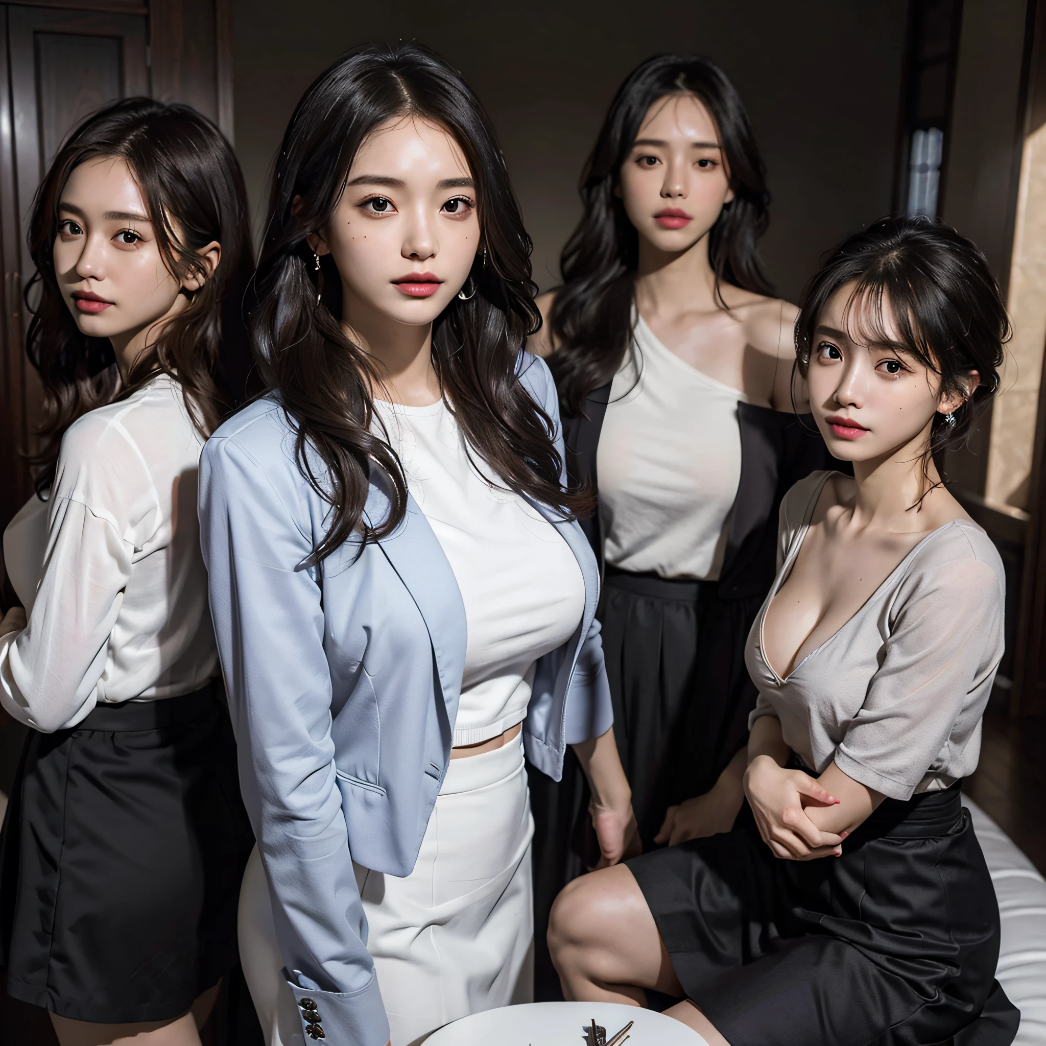 absurdres, RAW photo, extremely delicate and beautiful, masterpiece, Best Quality, ultra high resolution, 16k, hyperrealistic, ultra-detailed, Very detailed CG 8k wallpaper, Beautiful Lighting, Perfect Lightning, Realistic Shadows, perfect anatomy, super Detailed skin, perfect figure, Japanese woman, in her 20s, very Slim body, narrow waist, very small head, handsome detailed woman, very detailed eyes and face, realistic face proportions, Stunning detailed eyes, Realistic beautiful face, very small face, Realistic small beautiful eyes, double eyelids, makeup, tearful mole, mole on chest, earring, bare legs, beautiful and very thin legs, beautiful and very thin thighs, (((very huge round breasts))), short hair, wavy hair, sweat, (full body shot), (((((3 girls))))), tight-fitting, (skirt suit), (suit jacket), (blouse),