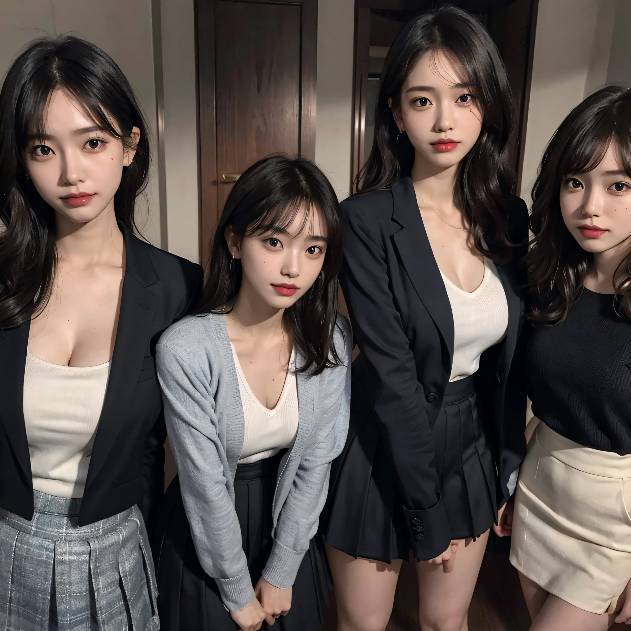 absurdres, RAW photo, extremely delicate and beautiful, masterpiece, Best Quality, ultra high resolution, 16k, hyperrealistic, ultra-detailed, Very detailed CG 8k wallpaper, Beautiful Lighting, Perfect Lightning, Realistic Shadows, perfect anatomy, super Detailed skin, perfect figure, Japanese woman, in her 20s, very Slim body, narrow waist, very small head, handsome detailed woman, very detailed eyes and face, realistic face proportions, Stunning detailed eyes, Realistic beautiful face, very small face, Realistic small beautiful eyes, double eyelids, makeup, tearful mole, mole on chest, earring, bare legs, beautiful and very thin legs, beautiful and very thin thighs, (((very huge round breasts))), short hair, wavy hair, sweat, (full body shot), (((((3 girls))))), tight-fitting, (skirt suit), (suit jacket), (blouse),