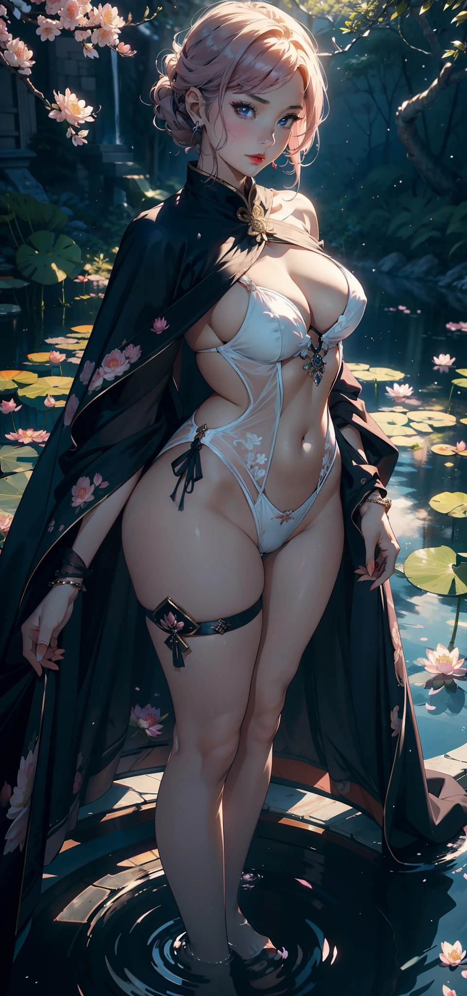 1female,45 yers old,Married Woman,熟妇,plumw,extremely large bosom, 独奏,(Background with:ponds,Cherry blossom forest,rainforests,lotus flower)standing underwater, She has short pink hair,seen from the front,, mostly cloudy sky,(((tmasterpiece),(Very detailed CG unity 8K wallpaper),best qualtiy,cinmatic lighting,detailed back ground,beatiful detailed eyes,Bright pupils,Black eyes,Snow-whiteskin,Redlip(Very fine and beautiful),(Beautiful and detailed eye description),ultra - detailed,tmasterpiece,))facing at camera,A high resolution,ultra - detailed),revealing breasts,Bare genitalia, Bulge,legs are open,Raised sexy,Camel toes,Desire for dissatisfaction,frontage,(Wearing:,a black cloak,The white transparent cheongsam is bare )