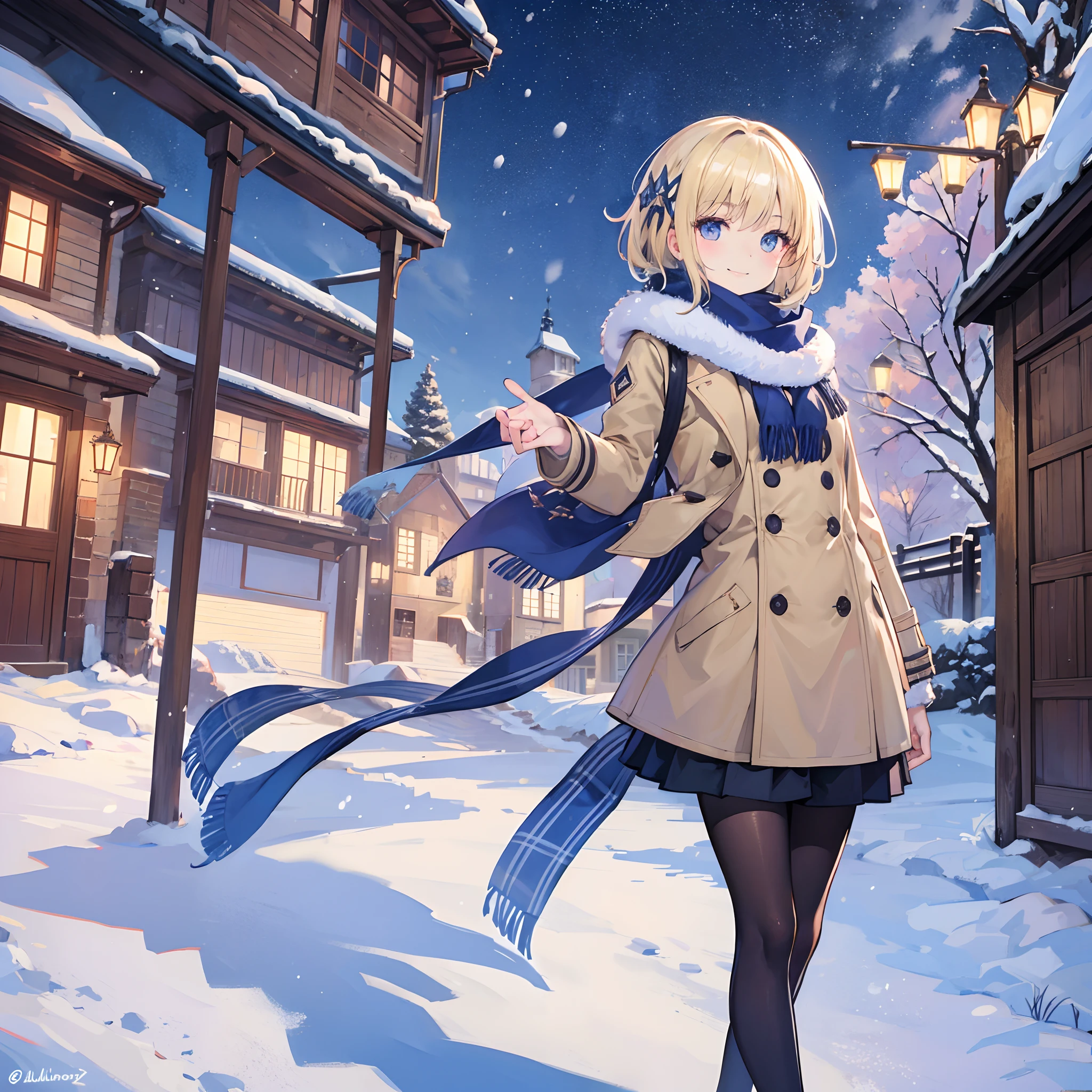 Masterpiece, 1 girl, smiling, european, winter coat, scarf, skirt, (small) chillerism, short blonde hair, alpine village