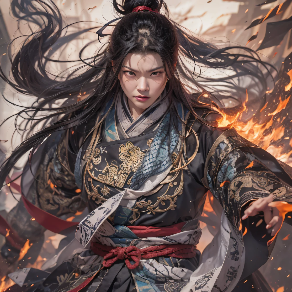 Chinese painting in black and white ink,male swordsman,heroic figure,traditional outfit,Scimitar Sword, Sharp eyes and focused expression, crown of thorns on the head, white  hair, dynamic poses, dramatic lighting, swirly vibrant colors, hight contrast, Epic landscape background, hazy atmosphere, full of action, dynamic brushstroke, ultra-high resolution, fine-details, professional quality