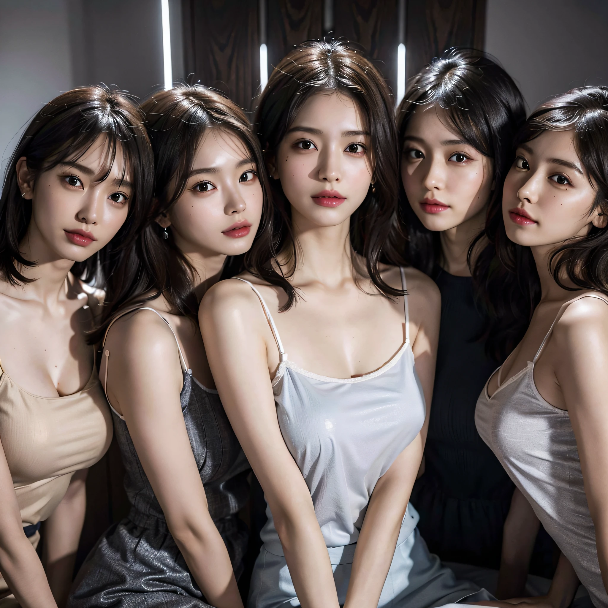 absurdres, RAW photo, extremely delicate and beautiful, masterpiece, Best Quality, ultra high resolution, 16k, hyperrealistic, ultra-detailed, Very detailed CG 8k wallpaper, Beautiful Lighting, Perfect Lightning, Realistic Shadows, perfect anatomy, super Detailed skin, perfect figure, Japanese woman, in her 20s, very Slim body, narrow waist, very small head, handsome detailed woman, very detailed eyes and face, realistic face proportions, Stunning detailed eyes, Realistic beautiful face, very small face, Realistic small beautiful eyes, double eyelids, makeup, tearful mole, mole on chest, earring, bare legs, beautiful and very thin legs, beautiful and very thin thighs, (((very huge round breasts))), short hair, wavy hair, sweat, full body shot, (((((3 girls))))), (((camisole))),