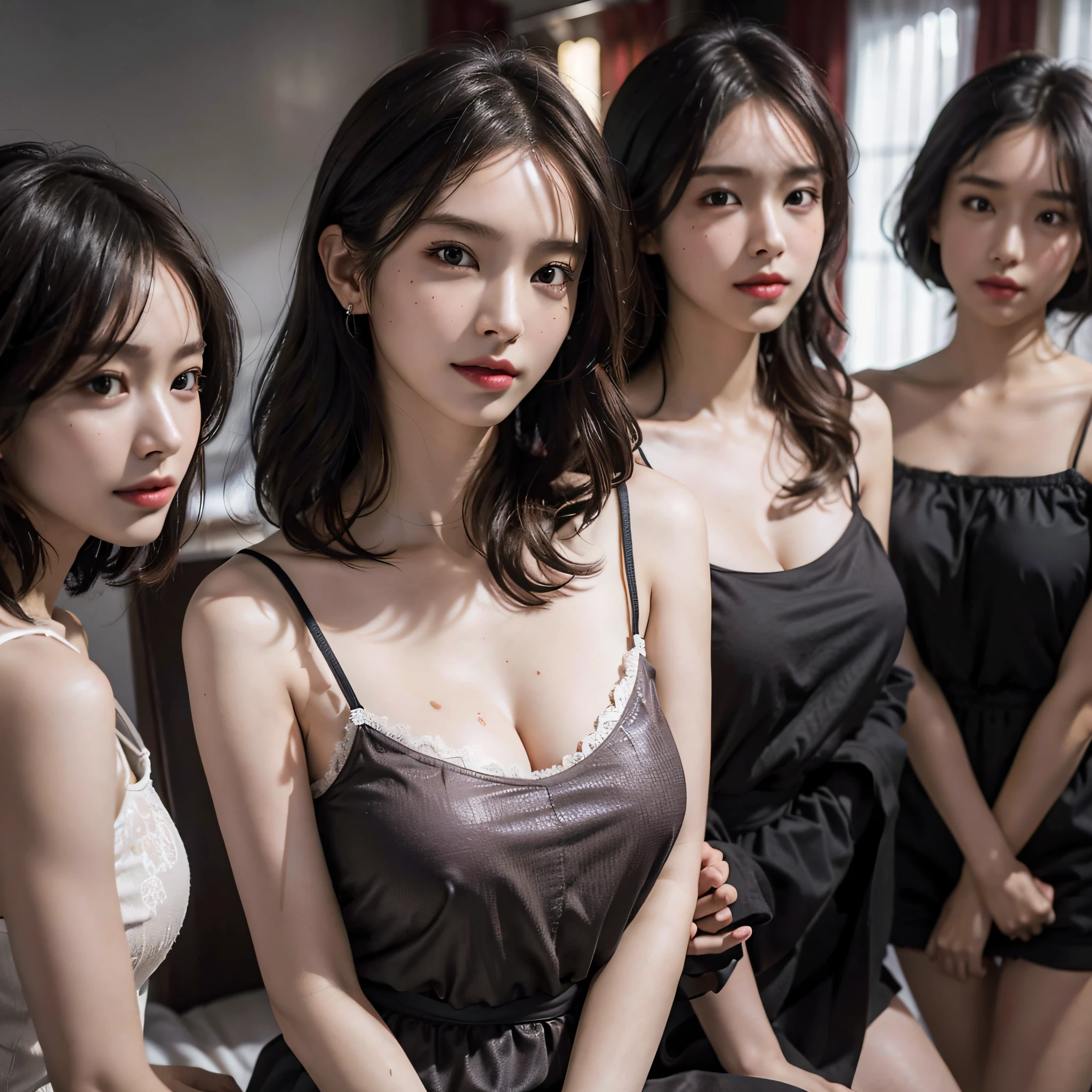 absurdres, RAW photo, extremely delicate and beautiful, masterpiece, Best Quality, ultra high resolution, 16k, hyperrealistic, ultra-detailed, Very detailed CG 8k wallpaper, Beautiful Lighting, Perfect Lightning, Realistic Shadows, perfect anatomy, super Detailed skin, perfect figure, Japanese woman, in her 20s, very Slim body, narrow waist, very small head, handsome detailed woman, very detailed eyes and face, realistic face proportions, Stunning detailed eyes, Realistic beautiful face, very small face, Realistic small beautiful eyes, double eyelids, makeup, tearful mole, mole on chest, earring, bare legs, beautiful and very thin legs, beautiful and very thin thighs, (((very huge round breasts))), short hair, wavy hair, sweat, full body shot, (((((3 girls))))), (((camisole))),