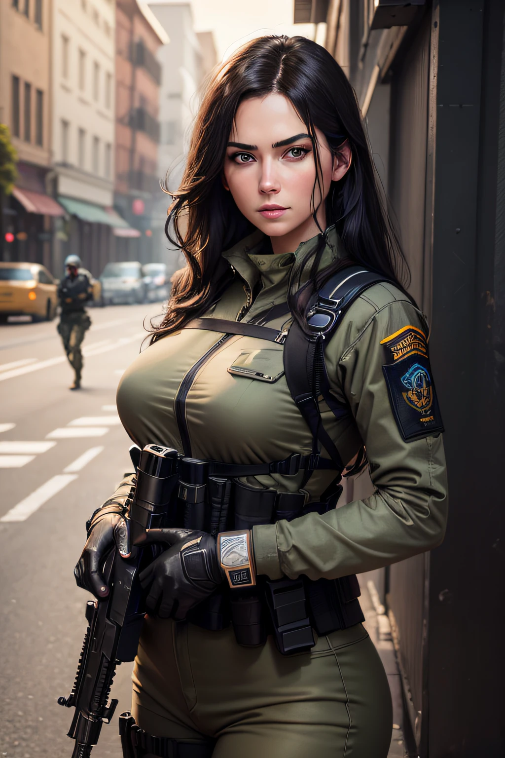 8K, Photorealistic, Raw photography, (top-quality;1.4), (One adult woman), Super beauty, (Lifelike face), Woman Holding a Handgun, Gray special forces costume, Filming, realistic shootout scenes from movies, Long black hair and blue eyes glaring at her, assassin,　enticing　Beautiful expression,　超A high resolution, hyper-realistic, real looking skin, Precise details of the Jericho 9mm, Workers,　Jumpy