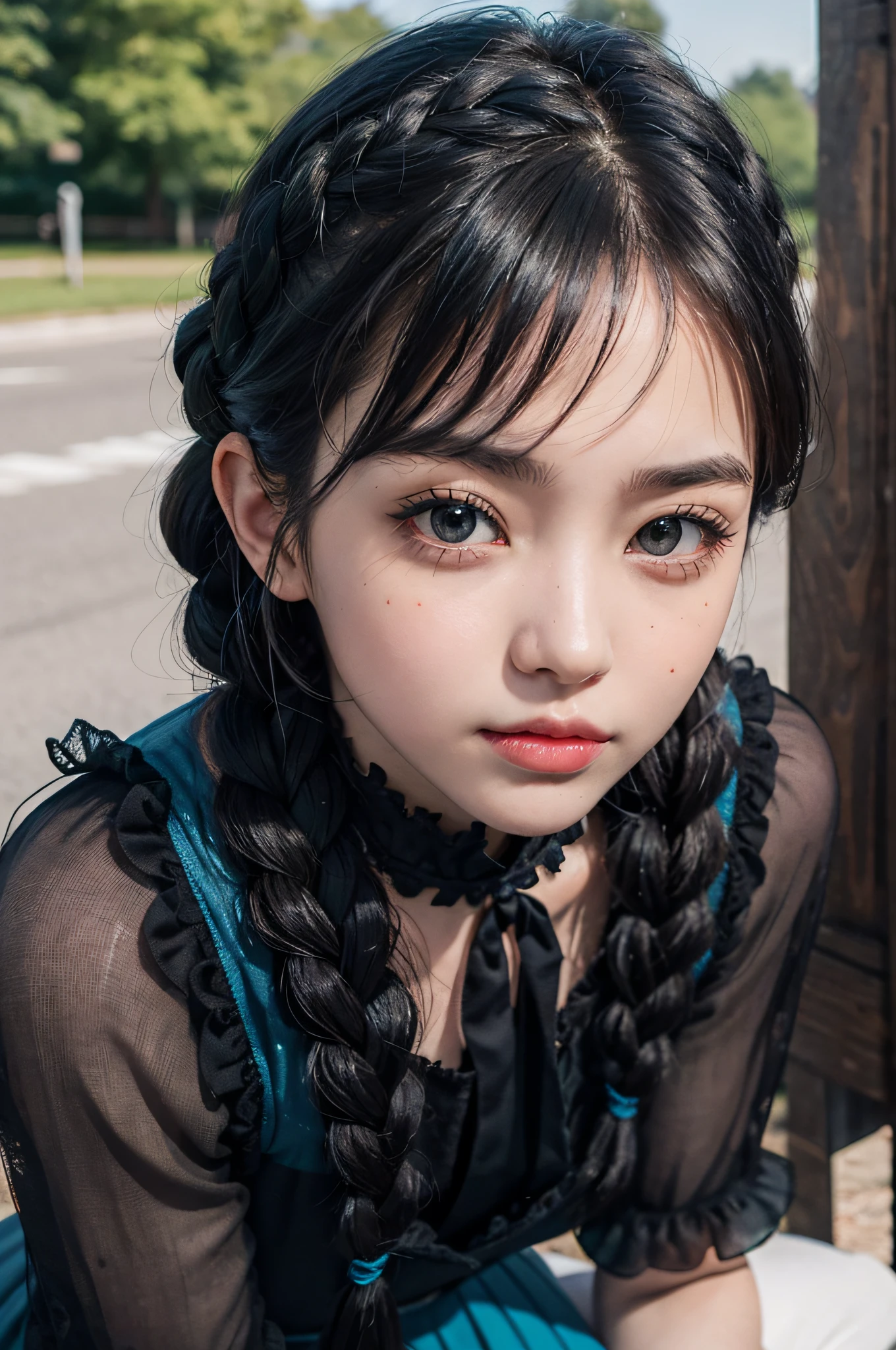 One Woman,Gothic in black and fluorescent blue,wariza,Petanko sitting,Cute face,Big eyes,Cool Face,Braided hair,Looking at Viewer,plein air,masutepiece, extremely fine and beautiful,Photorealistic,Japanese