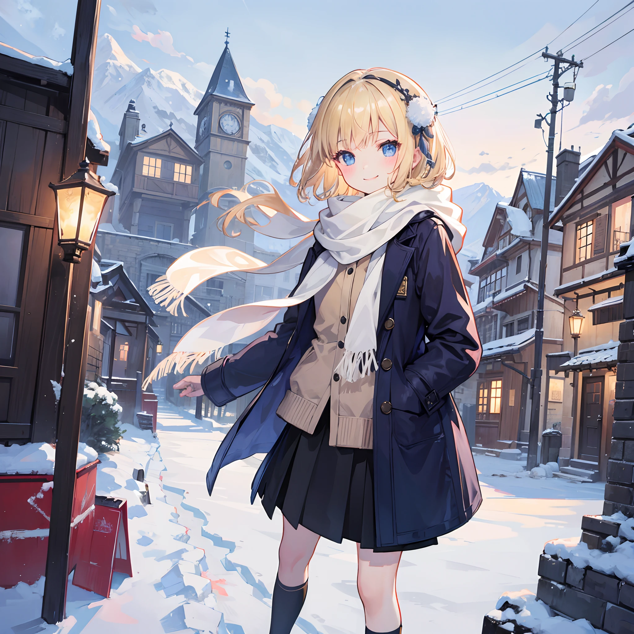 Masterpiece, 1 girl, smiling, european, winter coat, scarf, skirt, (small) chillerism, short blonde hair, alpine village