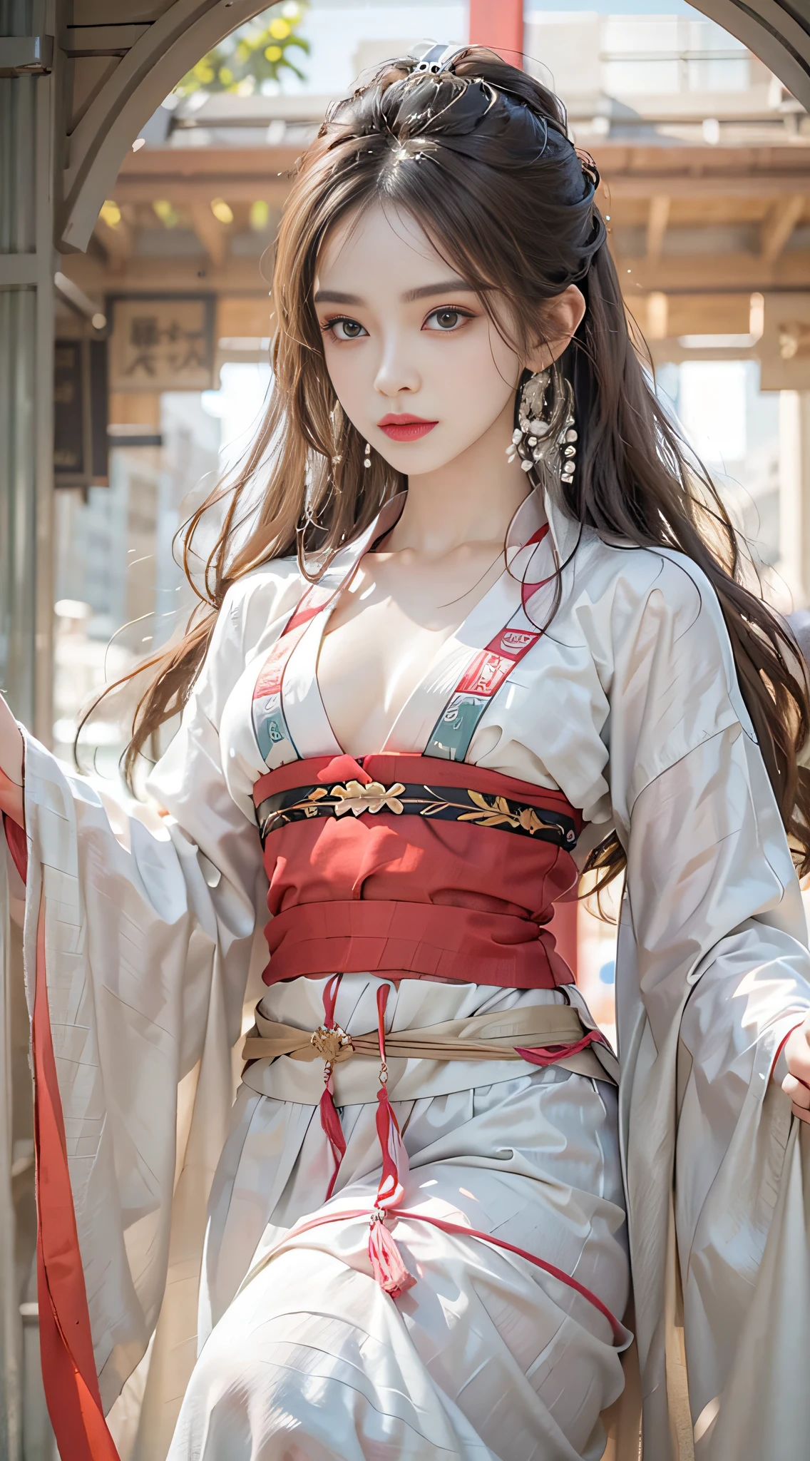 Photorealistic, high resolution, , 1 girl, Solo, Hips up, Beautiful eyes, Long hair, Medium breast, Dignified Hanfu, Wearing pearl earrings