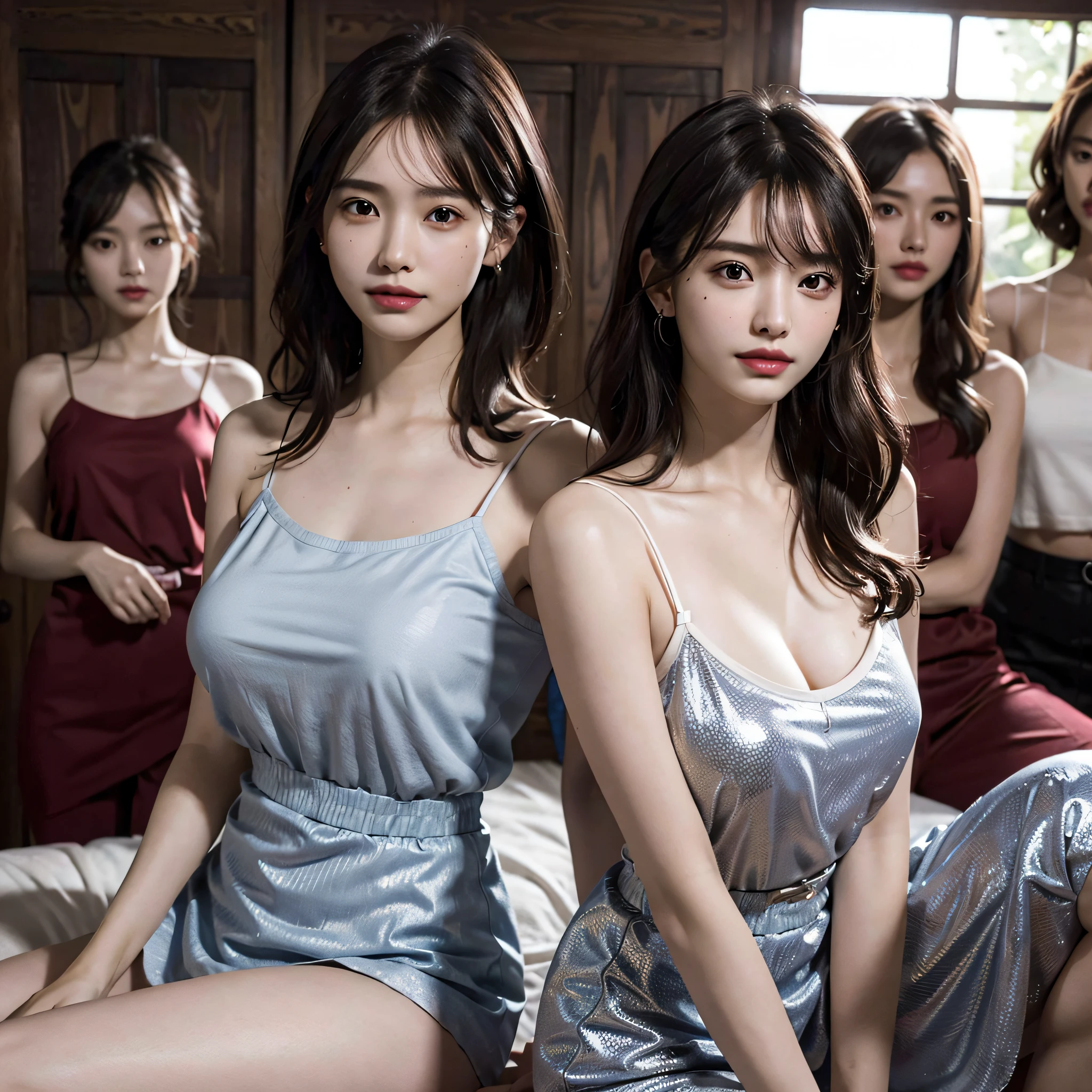 absurdres, RAW photo, extremely delicate and beautiful, masterpiece, Best Quality, ultra high resolution, 16k, hyperrealistic, ultra-detailed, Very detailed CG 8k wallpaper, Beautiful Lighting, Perfect Lightning, Realistic Shadows, perfect anatomy, super Detailed skin, perfect figure, Japanese woman, in her 20s, very Slim body, narrow waist, very small head, handsome detailed woman, very detailed eyes and face, realistic face proportions, Stunning detailed eyes, Realistic beautiful face, very small face, Realistic small beautiful eyes, double eyelids, makeup, tearful mole, mole on chest, earring, bare legs, beautiful and very thin legs, beautiful and very thin thighs, (((very huge round breasts))), short hair, wavy hair, sweat, full body shot, (((((3 girls))))), (((camisole))),