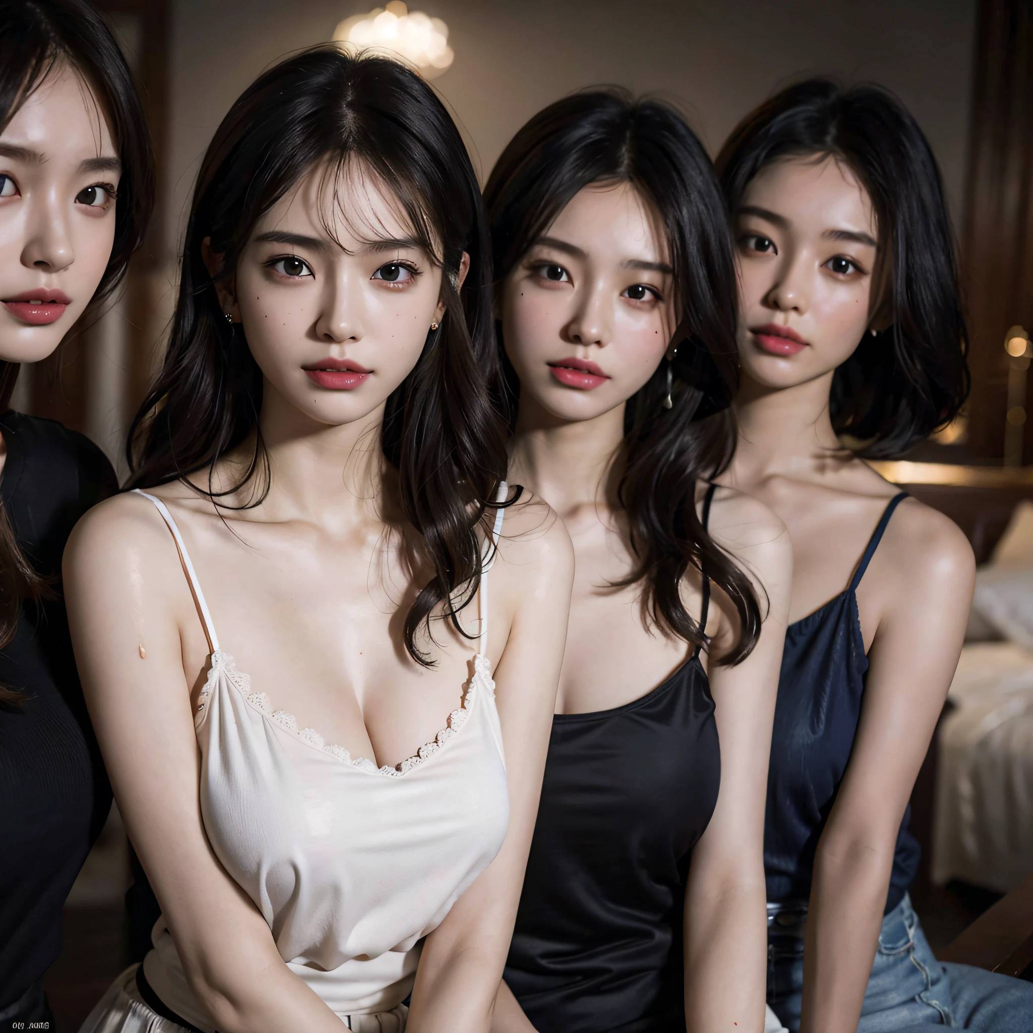 absurdres, RAW photo, extremely delicate and beautiful, masterpiece, Best Quality, ultra high resolution, 16k, hyperrealistic, ultra-detailed, Very detailed CG 8k wallpaper, Beautiful Lighting, Perfect Lightning, Realistic Shadows, perfect anatomy, super Detailed skin, perfect figure, Japanese woman, late 20s, very Slim body, narrow waist, very small head, handsome detailed woman, very detailed eyes and face, realistic face proportions, Stunning detailed eyes, Realistic beautiful face, very small face, Realistic small beautiful eyes, double eyelids, makeup, tearful mole, mole on chest, earring, bare legs, beautiful and very thin legs, beautiful and very thin thighs, (very huge round breasts:1.3), short hair, wavy hair, sweat, (full body shot), sleeveless, bare arms, bare legs, tight-fitting, midriff peek, cleavage, Fine Collarbone, (3 girls:1.5),