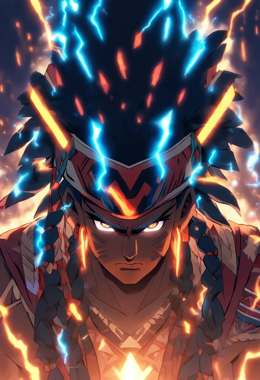 ((Indigenous God))) best quality, very high resolution, 4K detailed CG, master piece, Tupã, Indigenous God, Indigenous headdress, lightning, God of lightning, standing pose, indigenous clothes, Amazon, Brazil, aesthetics, beautiful image, centered on screen, full body