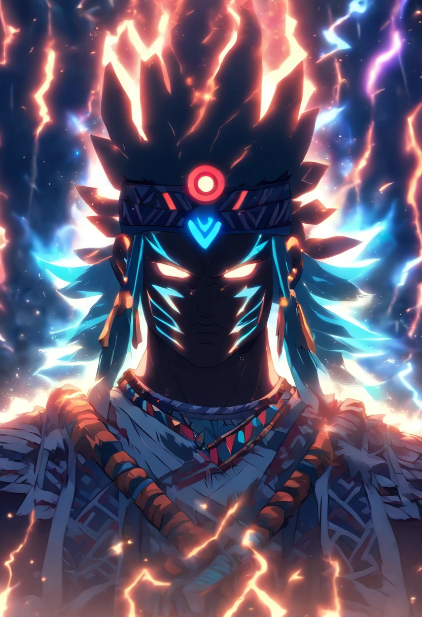 ((Indigenous God))) best quality, very high resolution, 4K detailed CG, master piece, Tupã, Indigenous God, Indigenous headdress, lightning, God of lightning, standing pose, indigenous clothes, Amazon, Brazil, aesthetics, beautiful image, centered on screen, full body