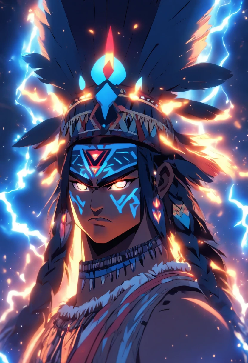 ((Indigenous God))) best quality, very high resolution, 4K detailed CG, master piece, Tupã, Indigenous God, Indigenous headdress, lightning, God of lightning, standing pose, indigenous clothes, Amazon, Brazil, aesthetics, beautiful image, centered on screen, full body