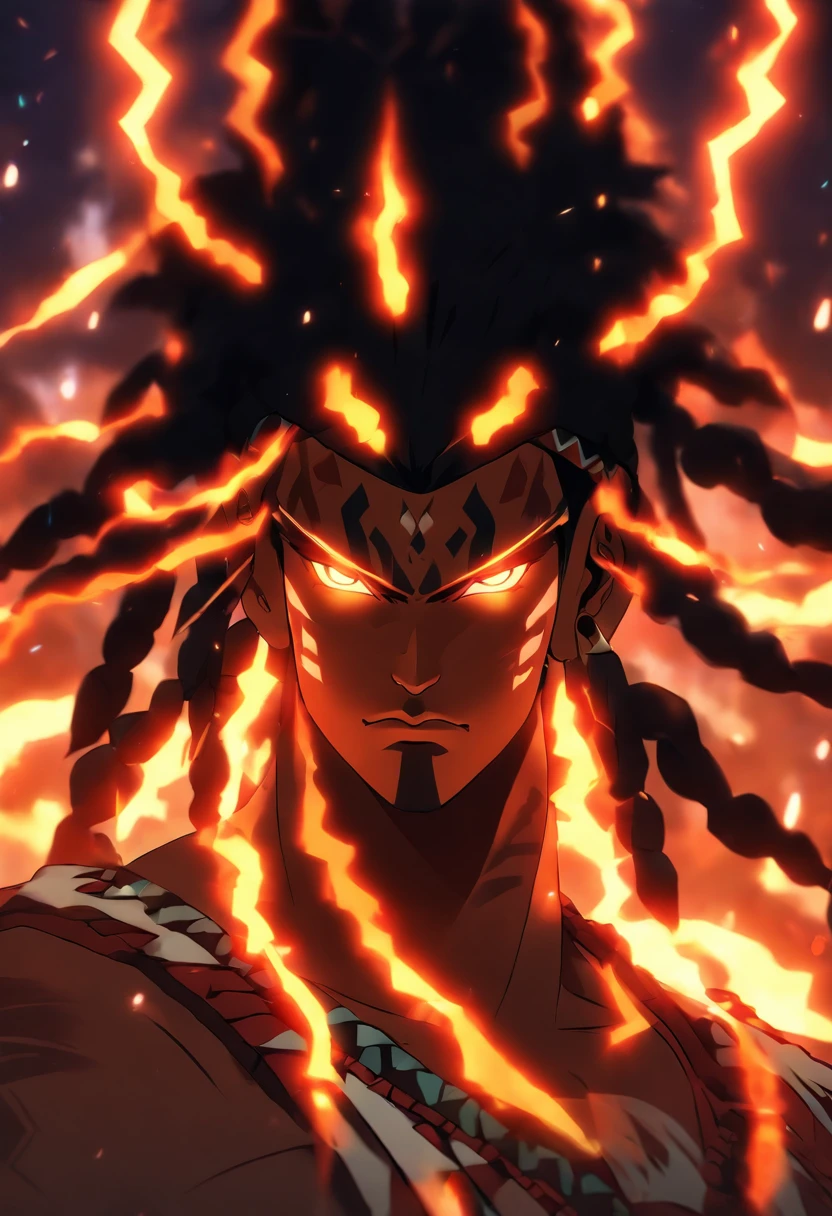 ((Indigenous God))) best quality, very high resolution, 4K detailed CG, master piece, Tupã, Indigenous God, Indigenous headdress, lightning, God of lightning, standing pose, indigenous clothes, Amazon, Brazil, aesthetics, beautiful image, centered on screen, full body