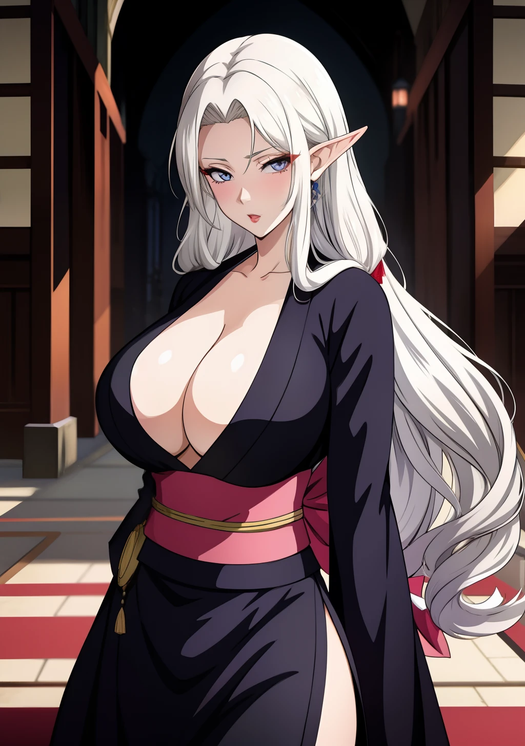 Kimono, huge tits, busty, silver hair, elf ears, beauty mark under eyes, blue eyes, long hair, intrincate details, detailed, masterpiece, best quality, 4K, HDR, royal hall, gothic building, upperbody,