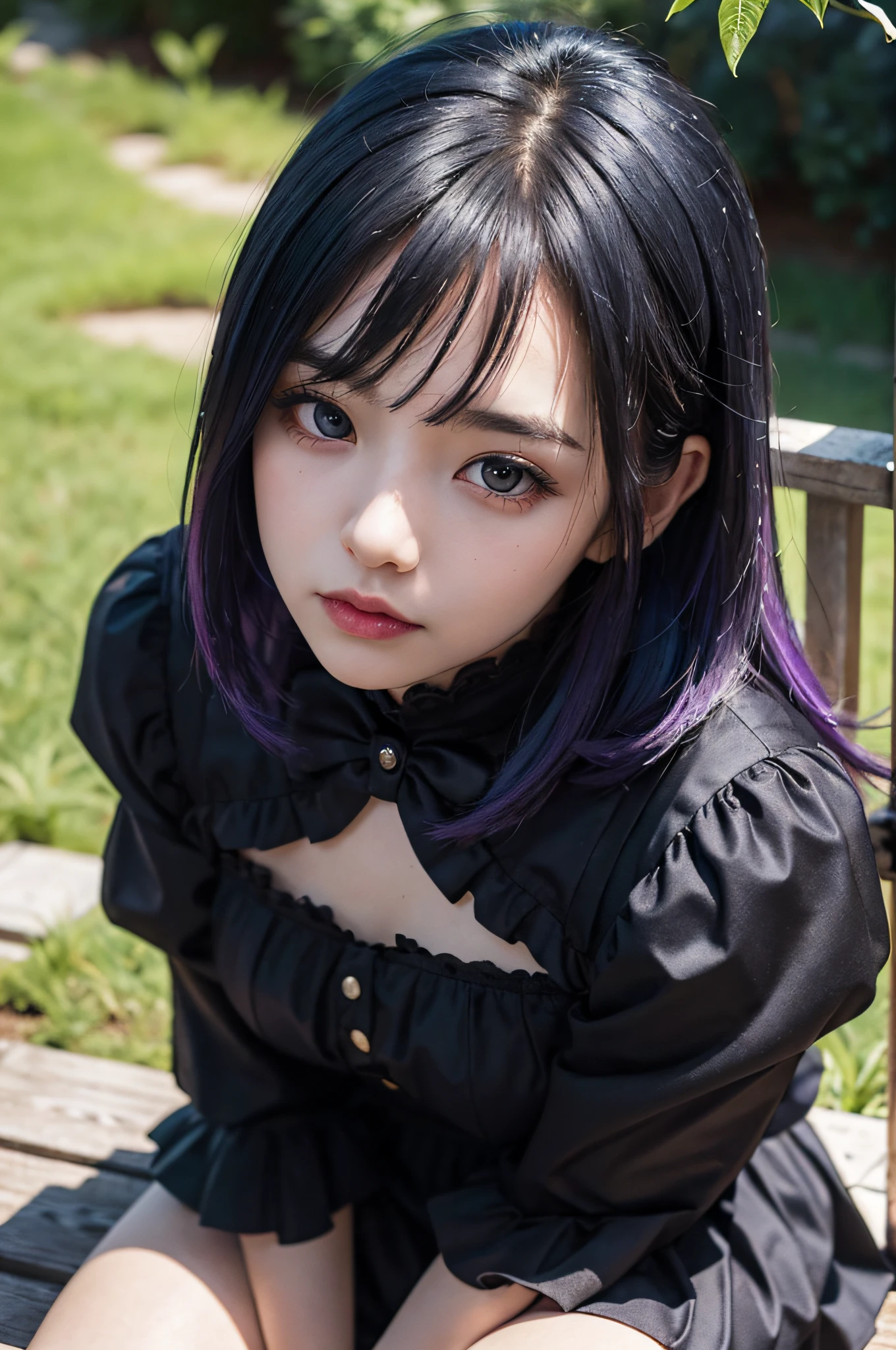 One Woman,Gothic ta in black and fluorescent blue,wariza,Petanko sitting,Cute face,Big eyes,Cool Face,Purple Bob Hair,Looking at Viewer,plein air,masutepiece, extremely fine and beautiful,Photorealistic,Japanese