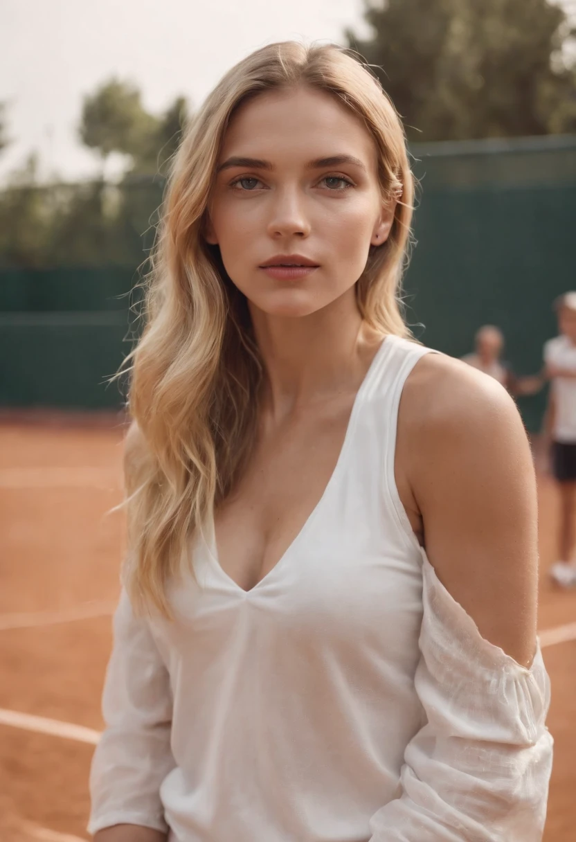 ((1 young and beautiful girl:1.2)), Super beautiful, full body action shot, look at me, Abrir ligeramente la boca, highest qualityr, high definition RAW color photos, sports Photography, blonde hair, tennis player, tennis court