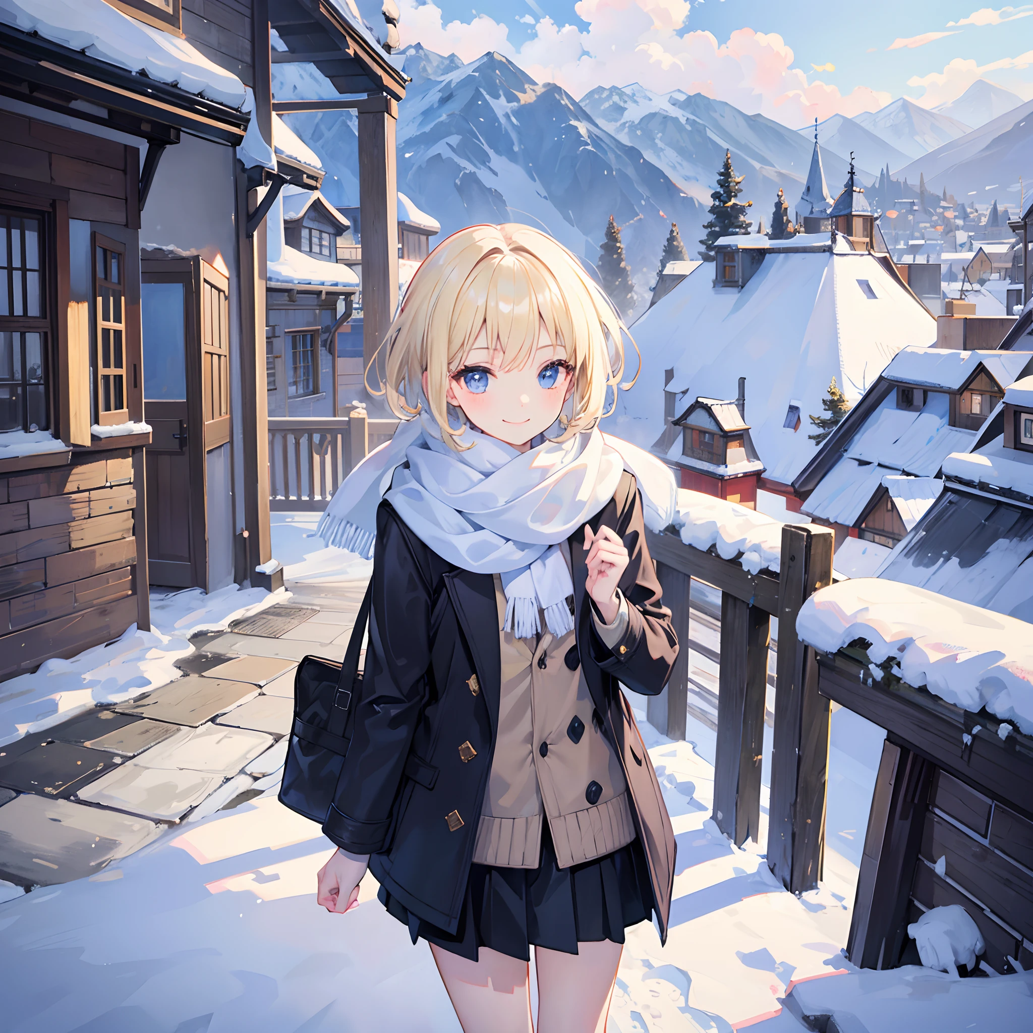 Masterpiece, 1 girl, smiling, european, winter coat, scarf, skirt, (small) chillerism, short blonde hair, alpine village